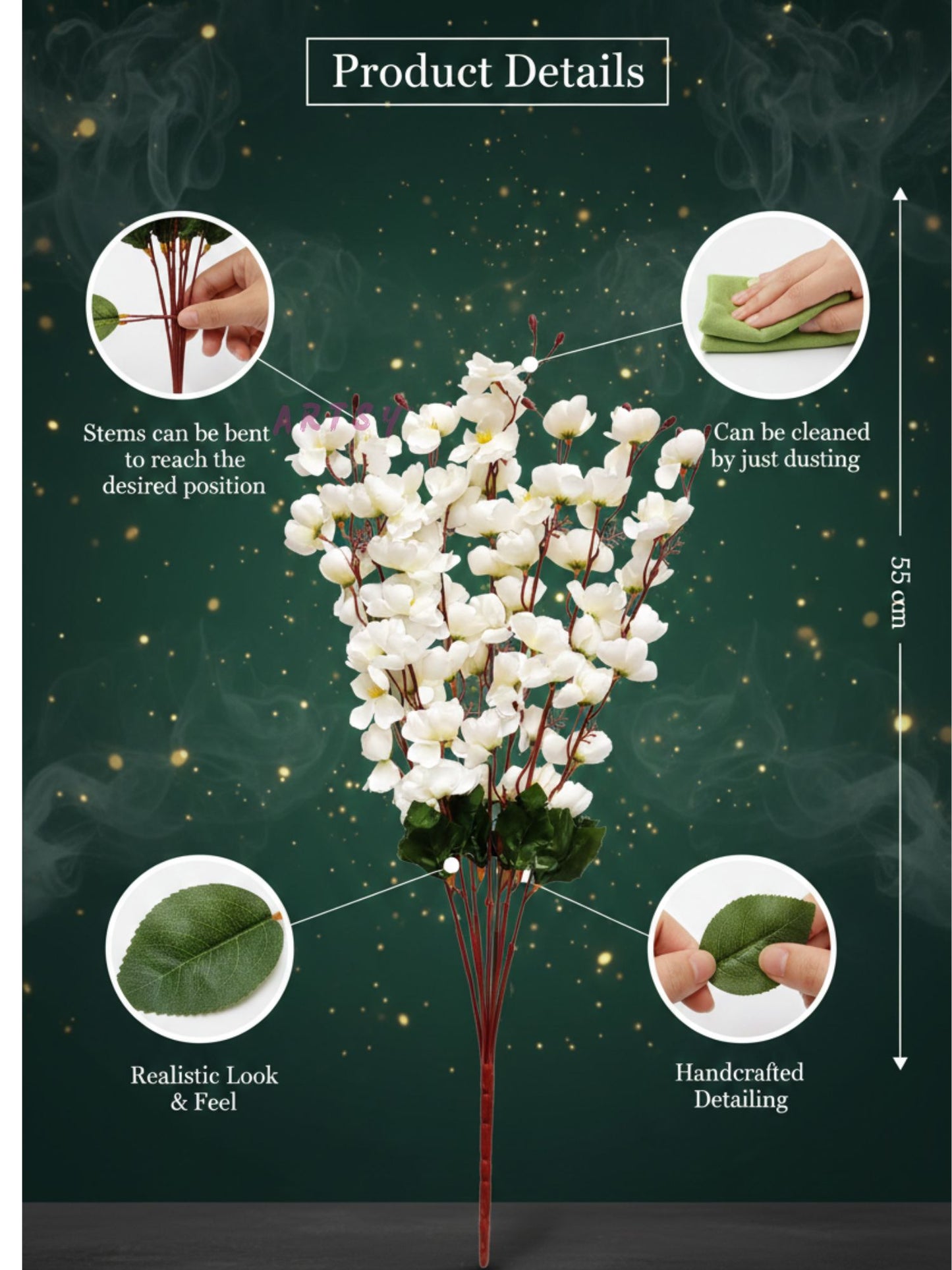 Elegant White Artificial Cherry Blossom Flower Bunch - Lifelike Pack of 1 Piece for Timeless Beauty, Without Vase, 55 Cm Long