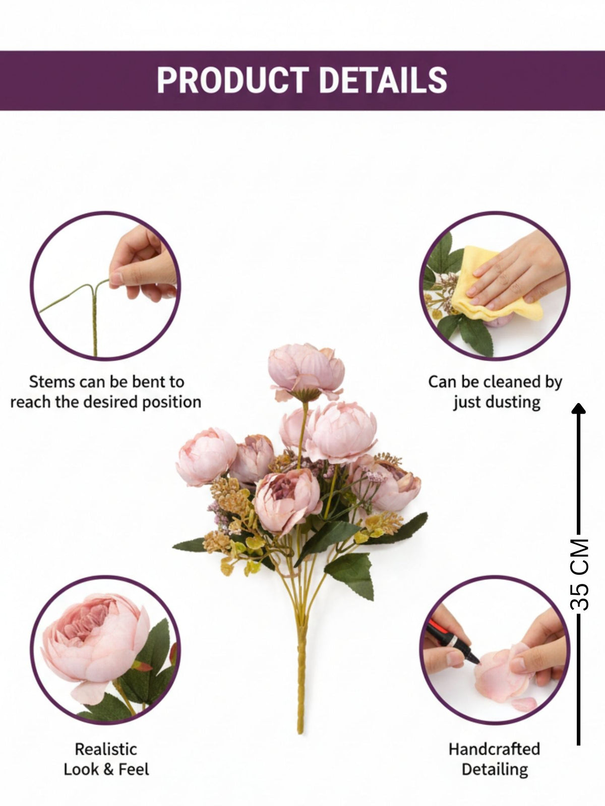 ARTSY Artificial Peony Flower Bunch – Realistic Handcrafted Faux Flowers for Home Décor, Wedding & Floral Arrangements
