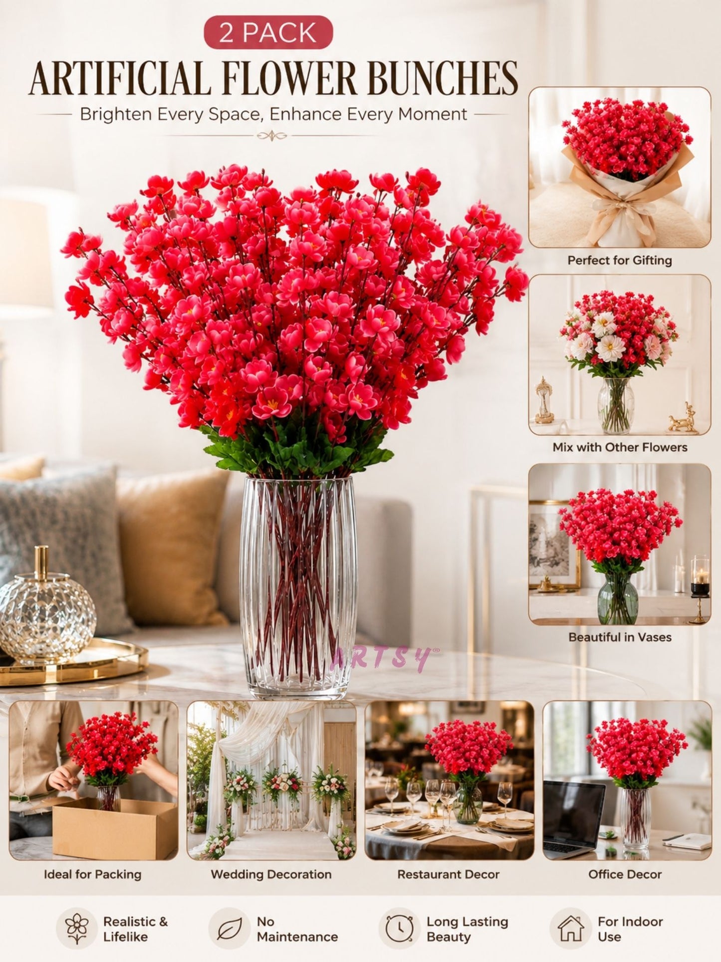 Premium Artificial Blossom Floral Bunch for Home Décor (Pack of 2)