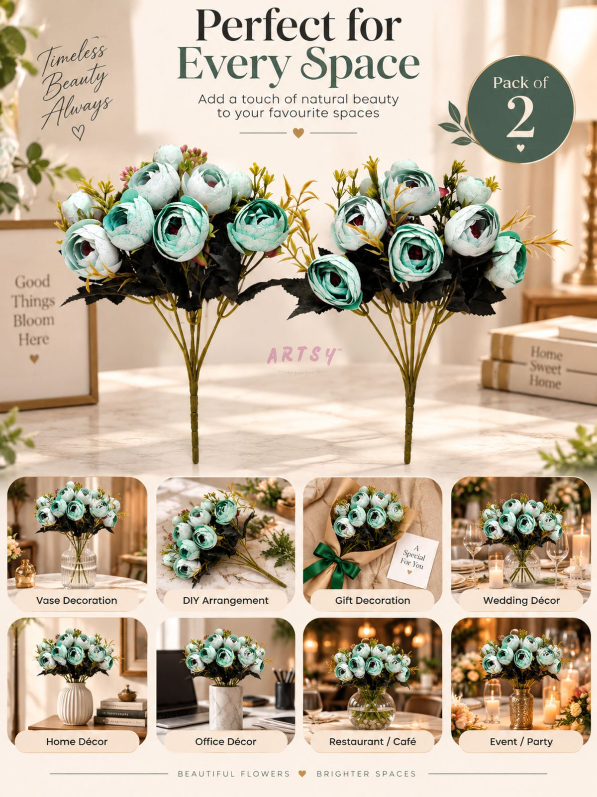 ARTSY Artificial Ranunculus Flower Bunches – Pack of 2, Aqua Green & White Faux Flowers for Home Décor, Wedding & Gifting