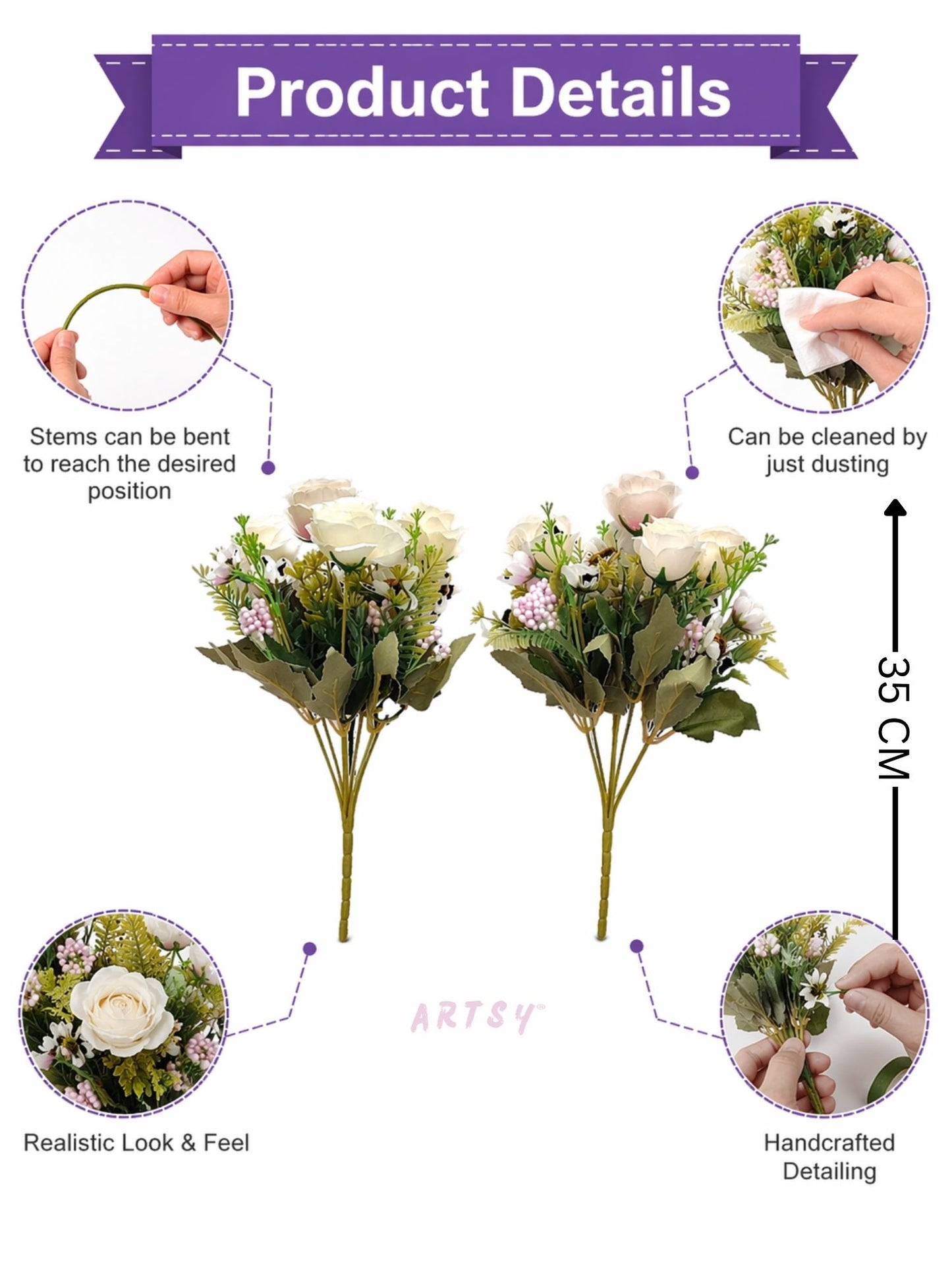 ARTSY® artificial flower for decoration, rose flower bunch, pack of 2 pieces, cream pink