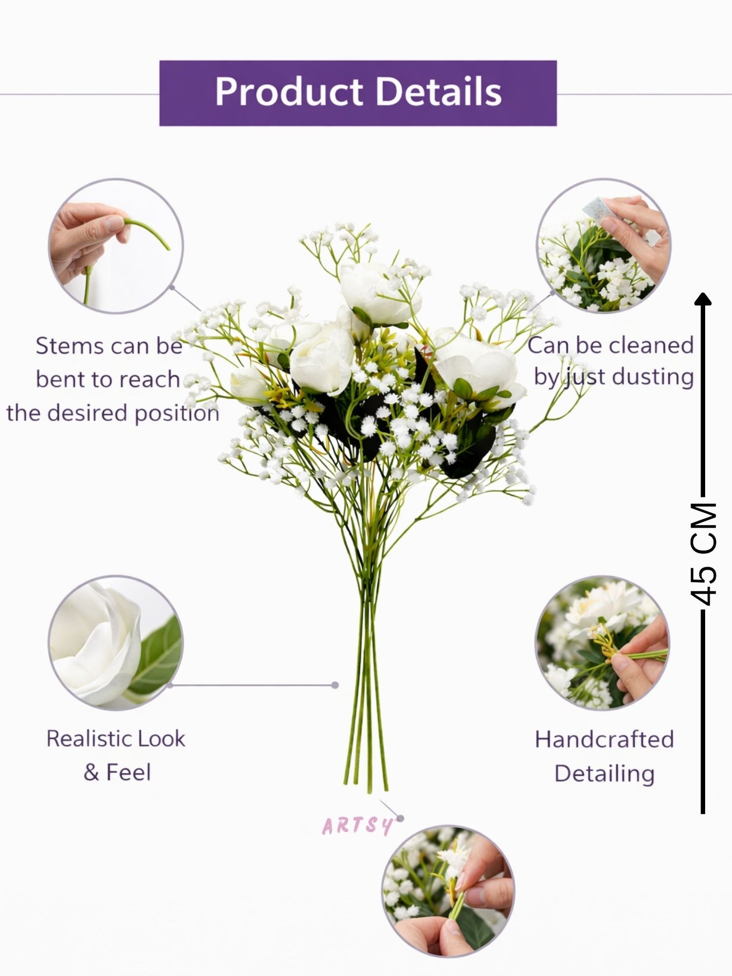 ARTSY Artificial Peony Flower & Baby Breath Flower Bunch Set (Pack of 3) | Faux Silk Flowers for Home Decoration, Wedding, Vase Arrangement & Table Centerpiece