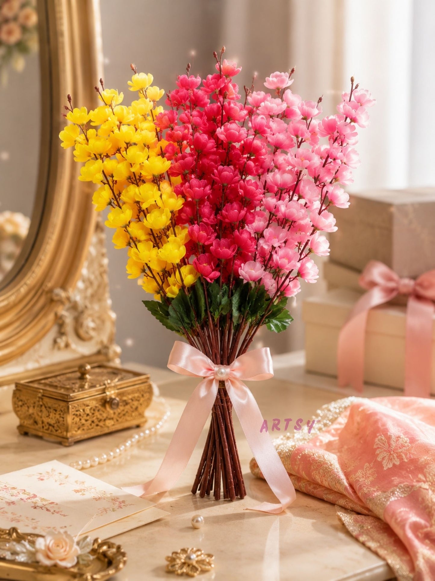 Artificial Blossom Flower Bunch Set of 3 for Home Decor | Premium Decorative Artificial Flowers