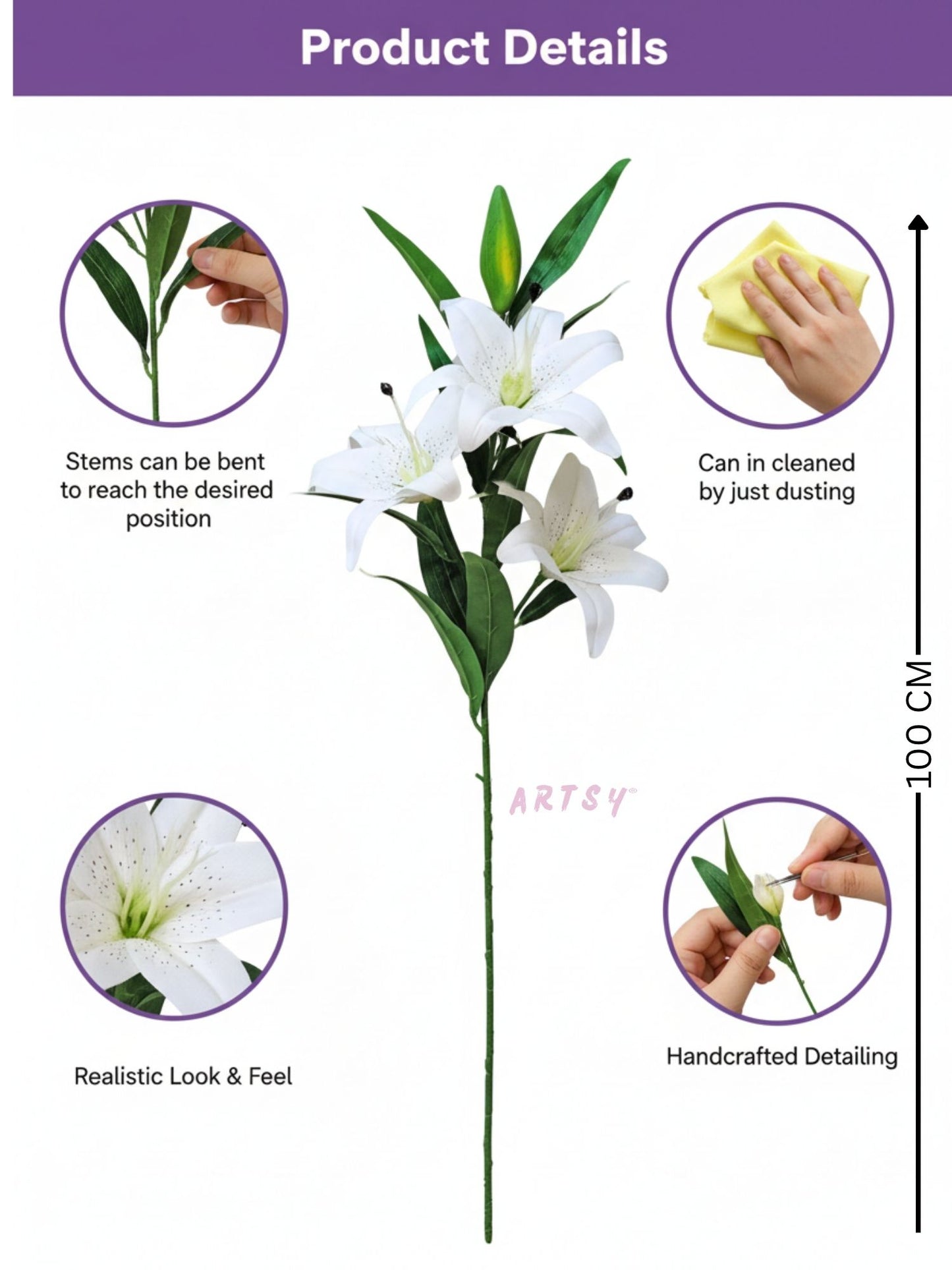 ARTSY Artificial White Lily Flower Stick for Vase Decoration & Home Décor