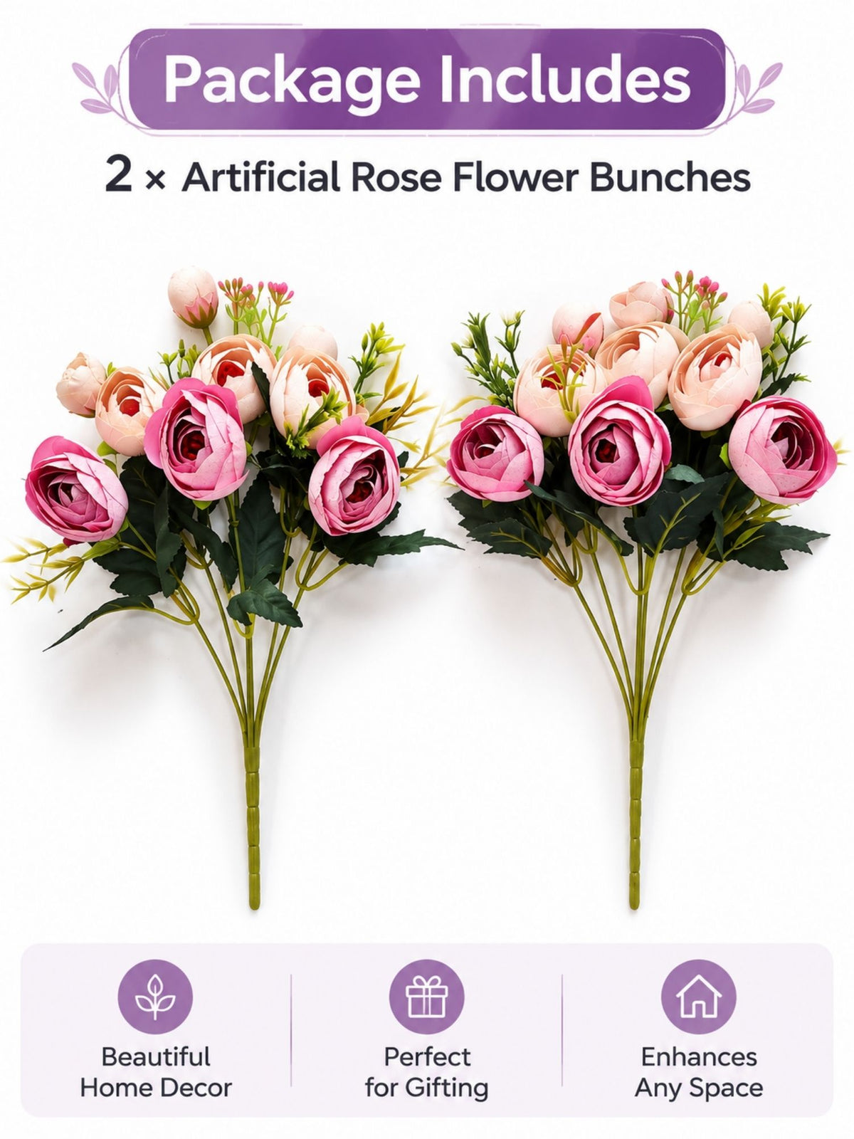 ARTSY Artificial Rose Flower Bunches – Pack of 2 | Realistic Pink & Peach Faux Flowers for Home Decor, Gifting & Wedding Decoration
