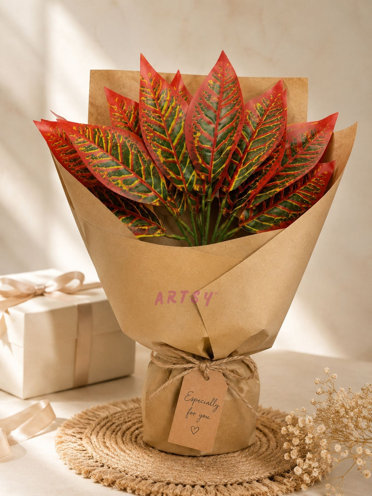 ARTSY Artificial Croton Leaf Stems Pack of 2 | Realistic Decorative Faux Foliage for Indoor Home Décor & Flower Arrangements