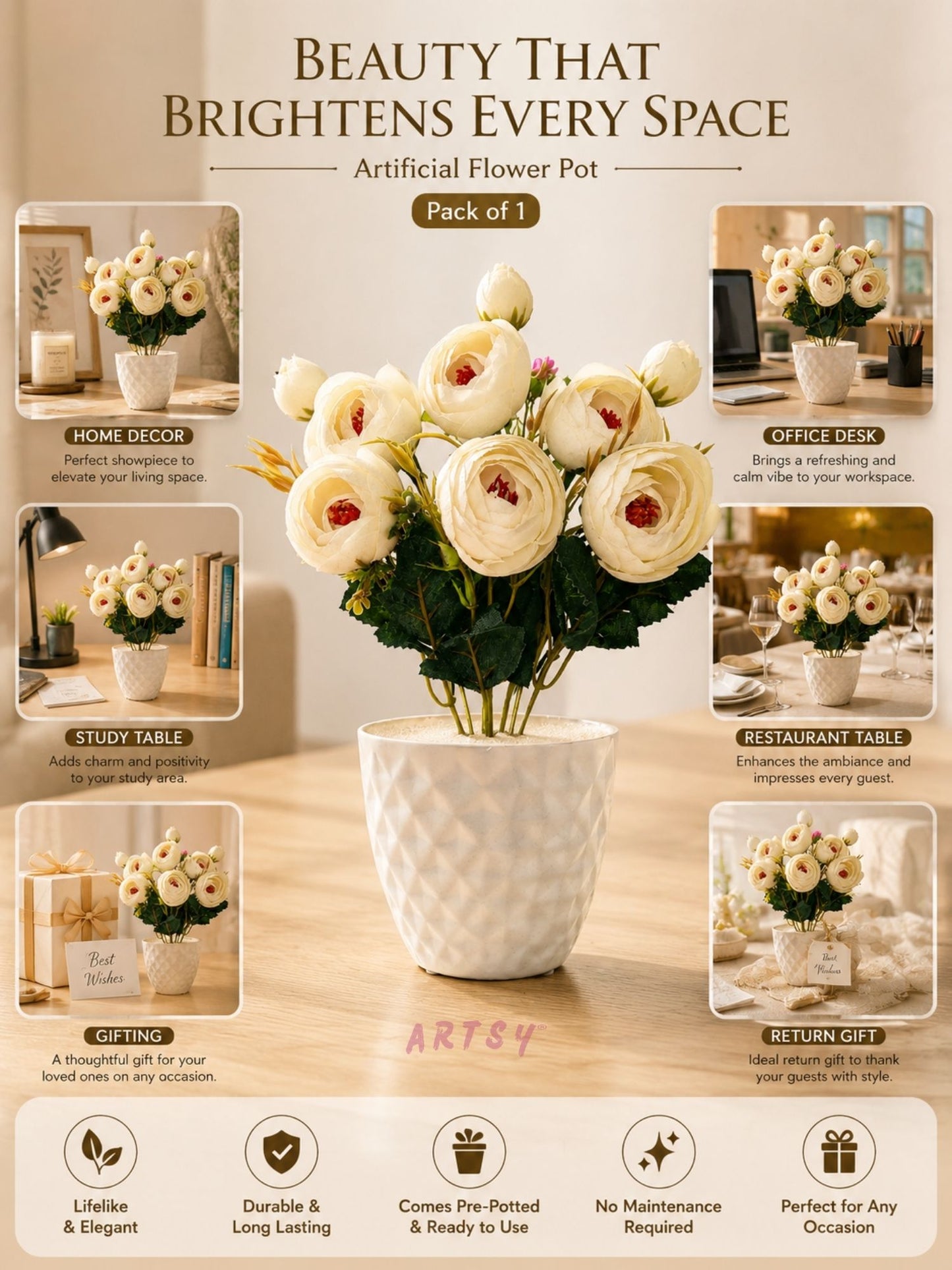 Luxury Ivory Peony Artificial Flower Pot for Home Decor | Premium Decorative Tabletop Floral Arrangement (Pack of 1)