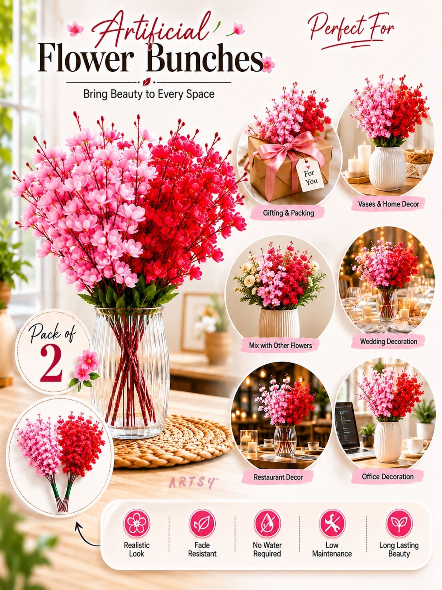 Artificial Flowers Cherry Blossom Flower Bunch | Without Vase Pack of 2
