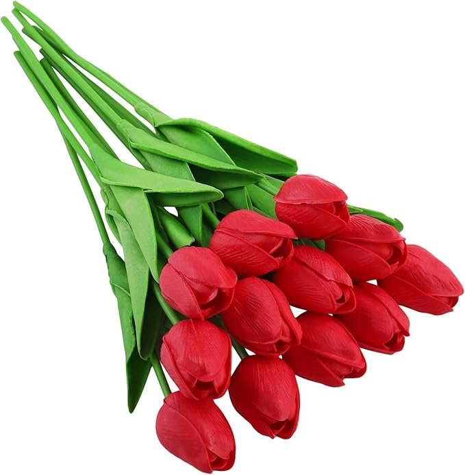 ARTSY® Artificial Tulip Flowers Bunch – Set of 5 Faux Flower Stems | Ideal for Living Room, Centerpiece, Gifting, craft, Real Touch Flower Bunch for Vase Decor, Home Styling, Events, Red