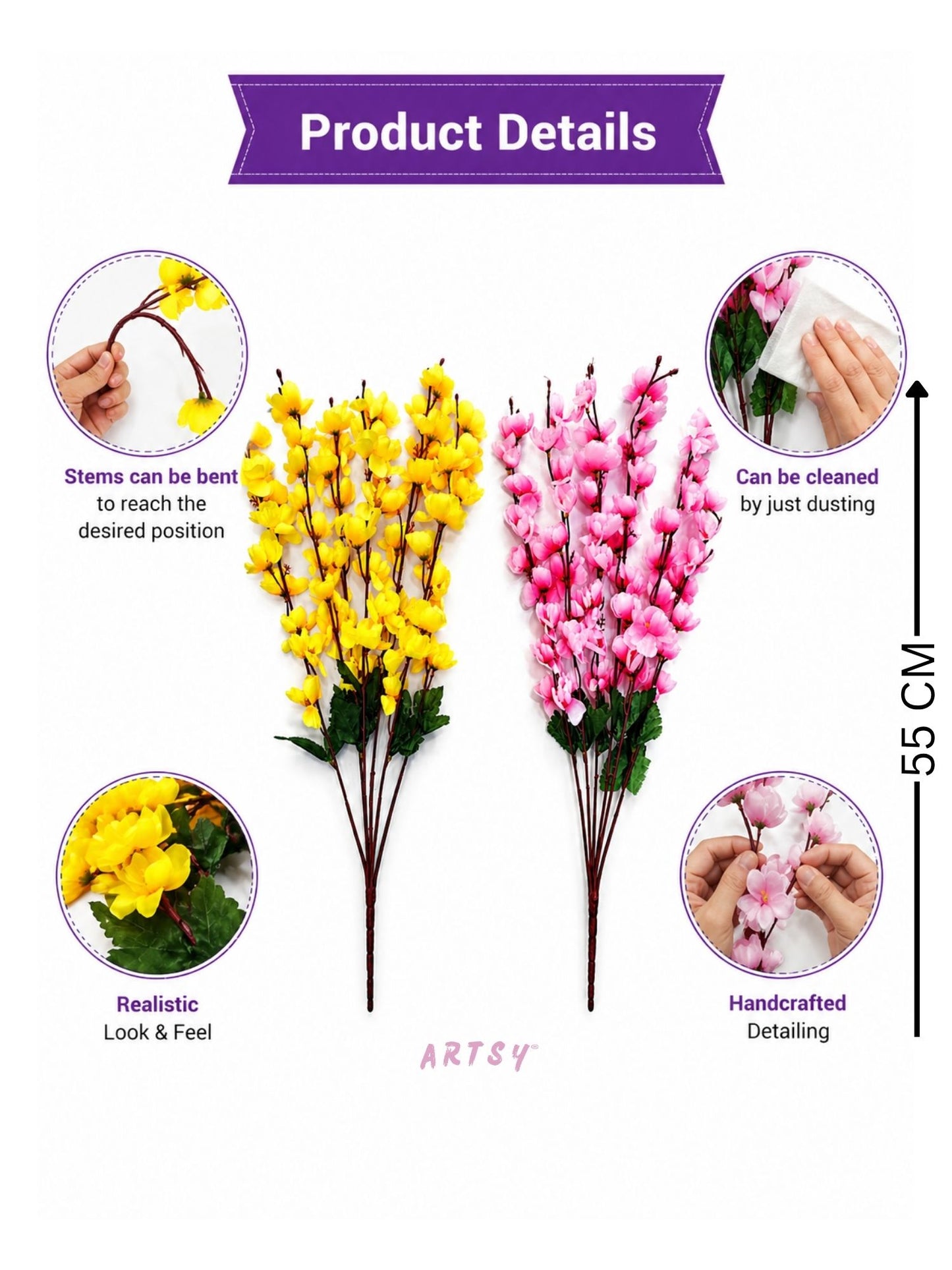 Artificial Cherry Blossom Flower Bunch – Pack of 2 | Decorative Faux Flowers for Home, Office & Gifting