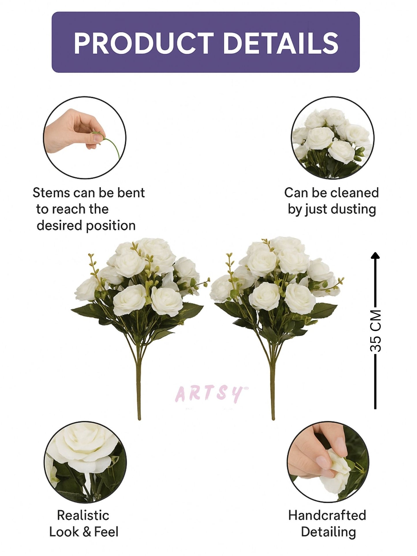 Artificial Rose Flower Bunch (Pack of 2) – Silk Faux Roses for Home, Wedding & Table Décor, White