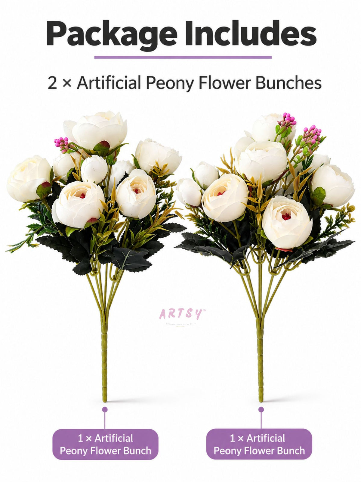 ARTSY Artificial Peony Flower Bunch – Pack of 2, Realistic Faux Flowers for Home Décor & Gifting