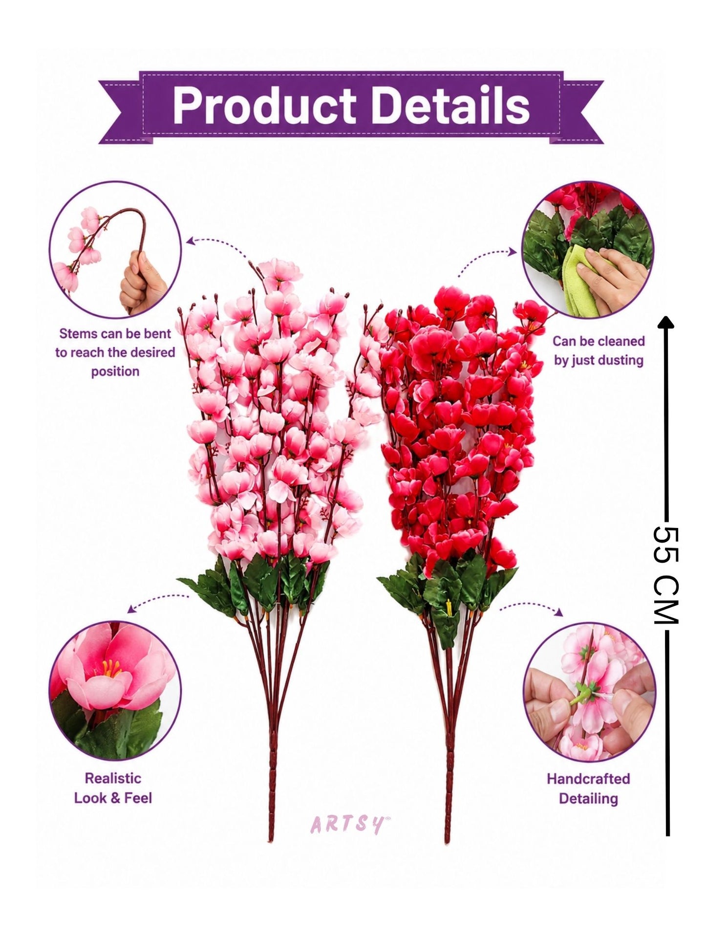 Artificial Flowers Cherry Blossom Flower Bunch | Without Vase Pack of 2