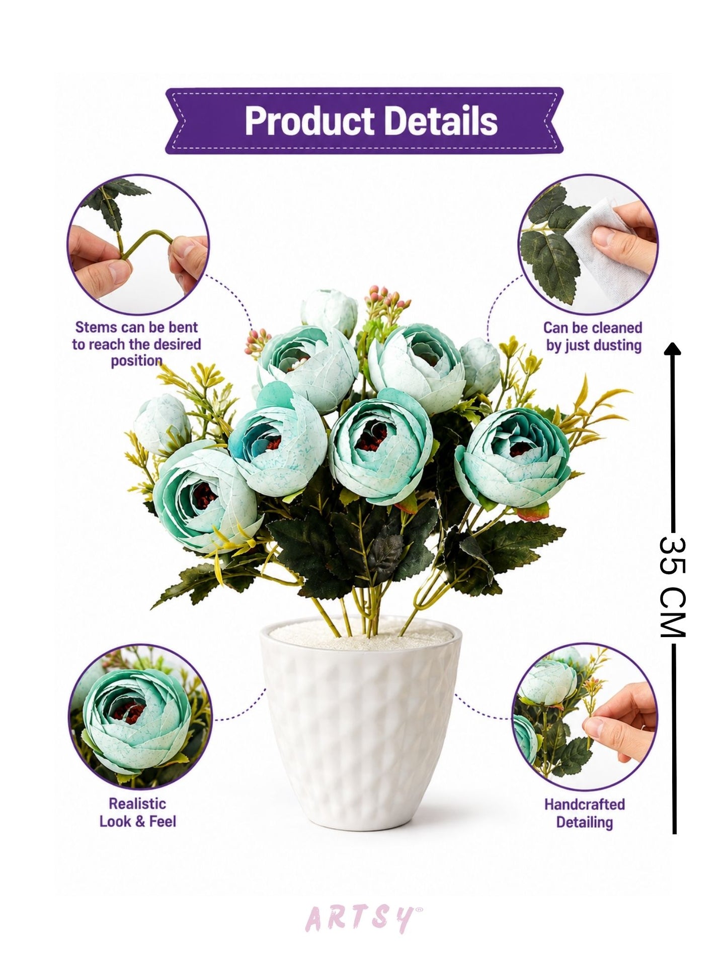ARTSY® Artificial flowers with pot for Home decoration, table top, office decor, peony flowers, craft, gift, 35 cm height, Green, Pack of 1 Piece