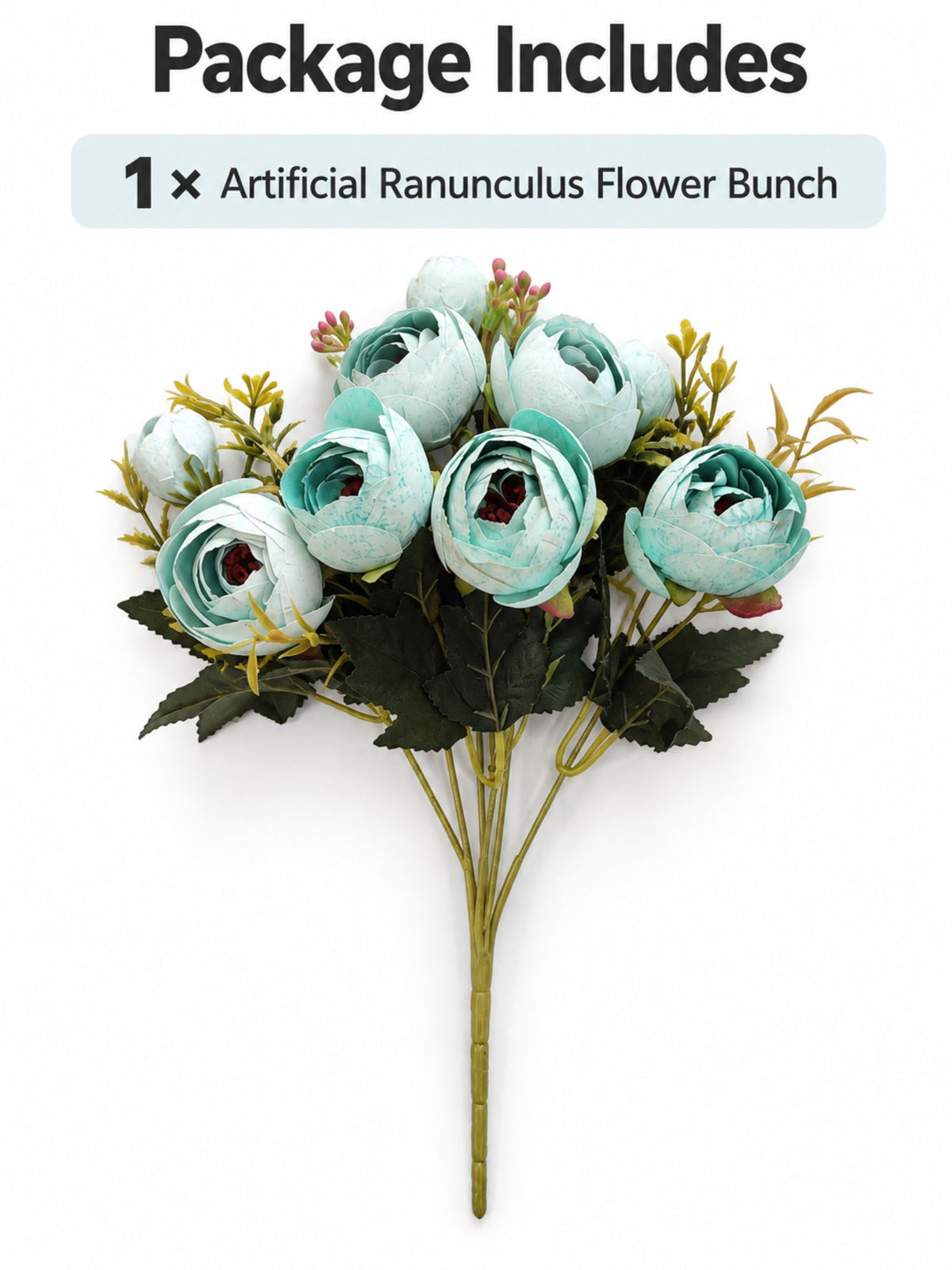 ARTSY Artificial Ranunculus Flower Bunch – White & Turquoise, 1 Pc