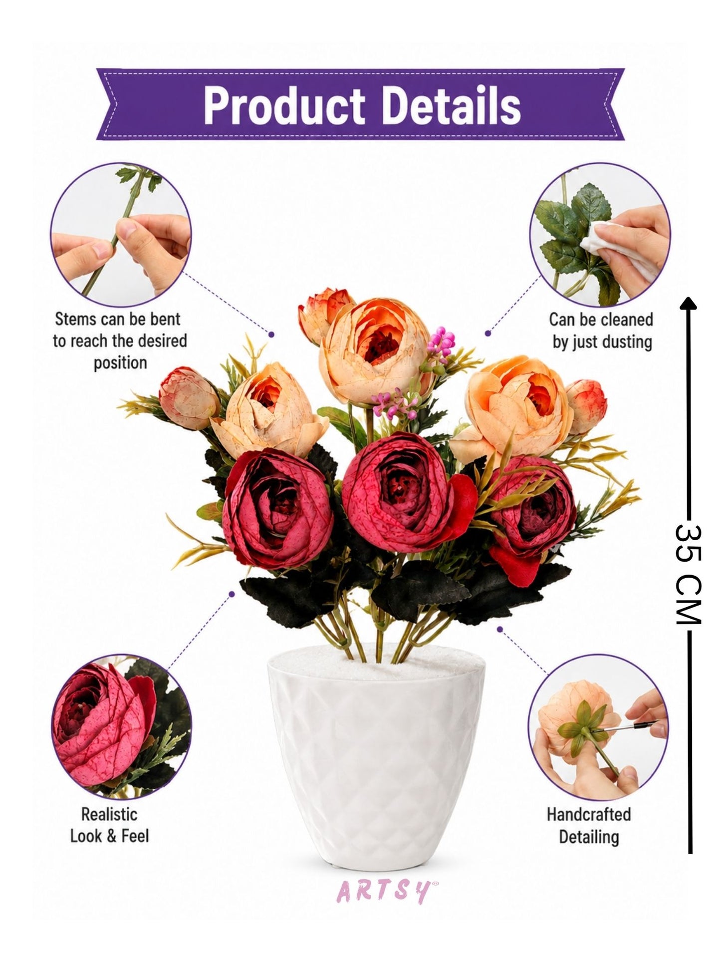 Luxury Dual Tone Artificial Flower Pot with Designer White Vase | Premium Home Decor (Pack of 1)