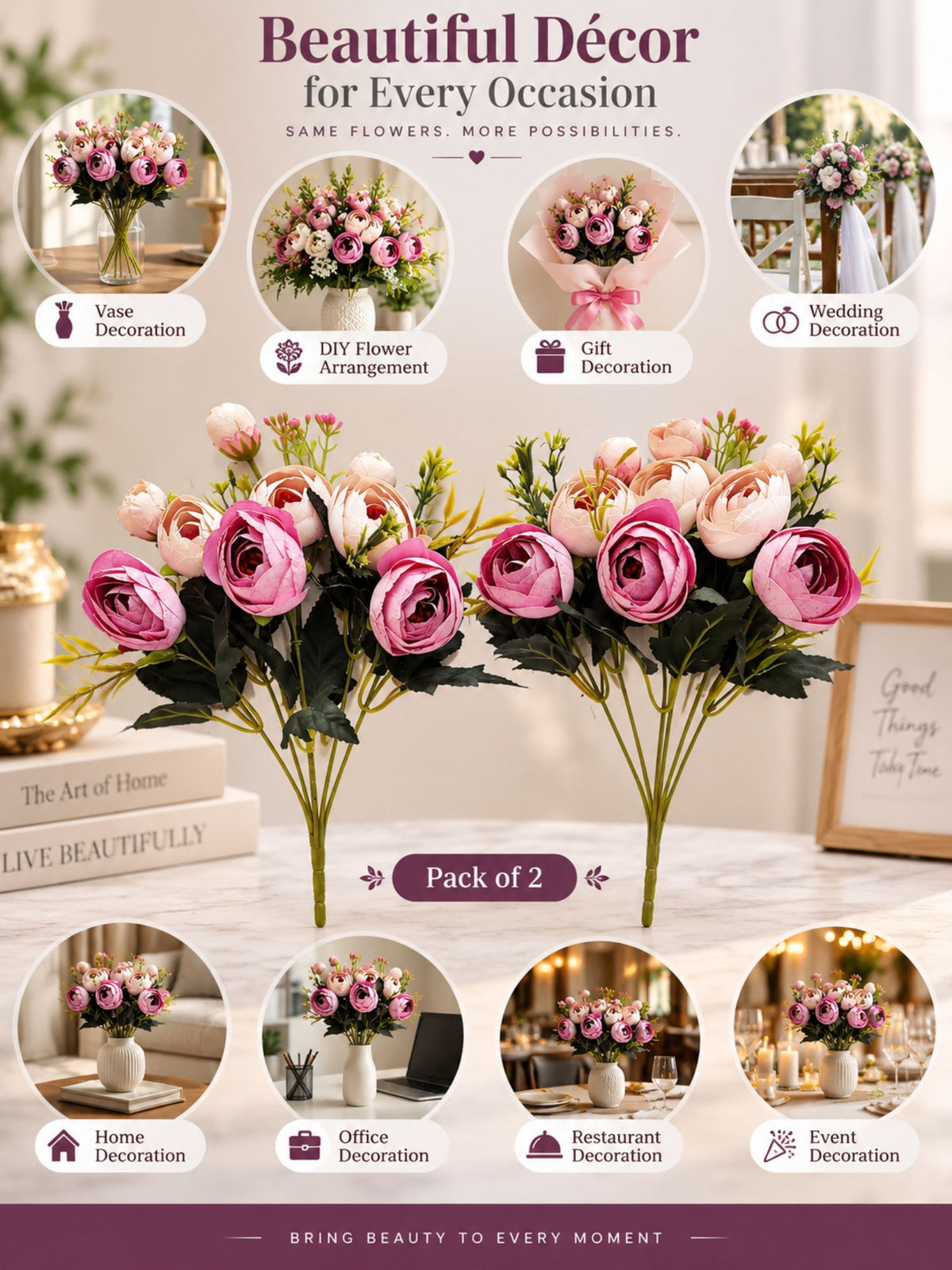 ARTSY Artificial Rose Flower Bunches – Pack of 2 | Realistic Pink & Peach Faux Flowers for Home Decor, Gifting & Wedding Decoration