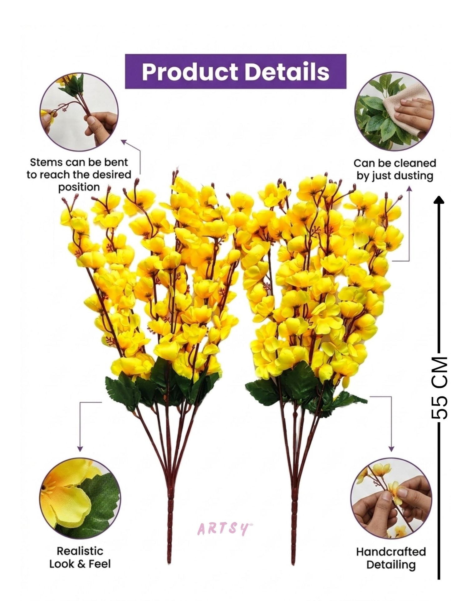 Elegant Yellow Faux Flower Bunch for Living Room & Table Decor, Pack of 2