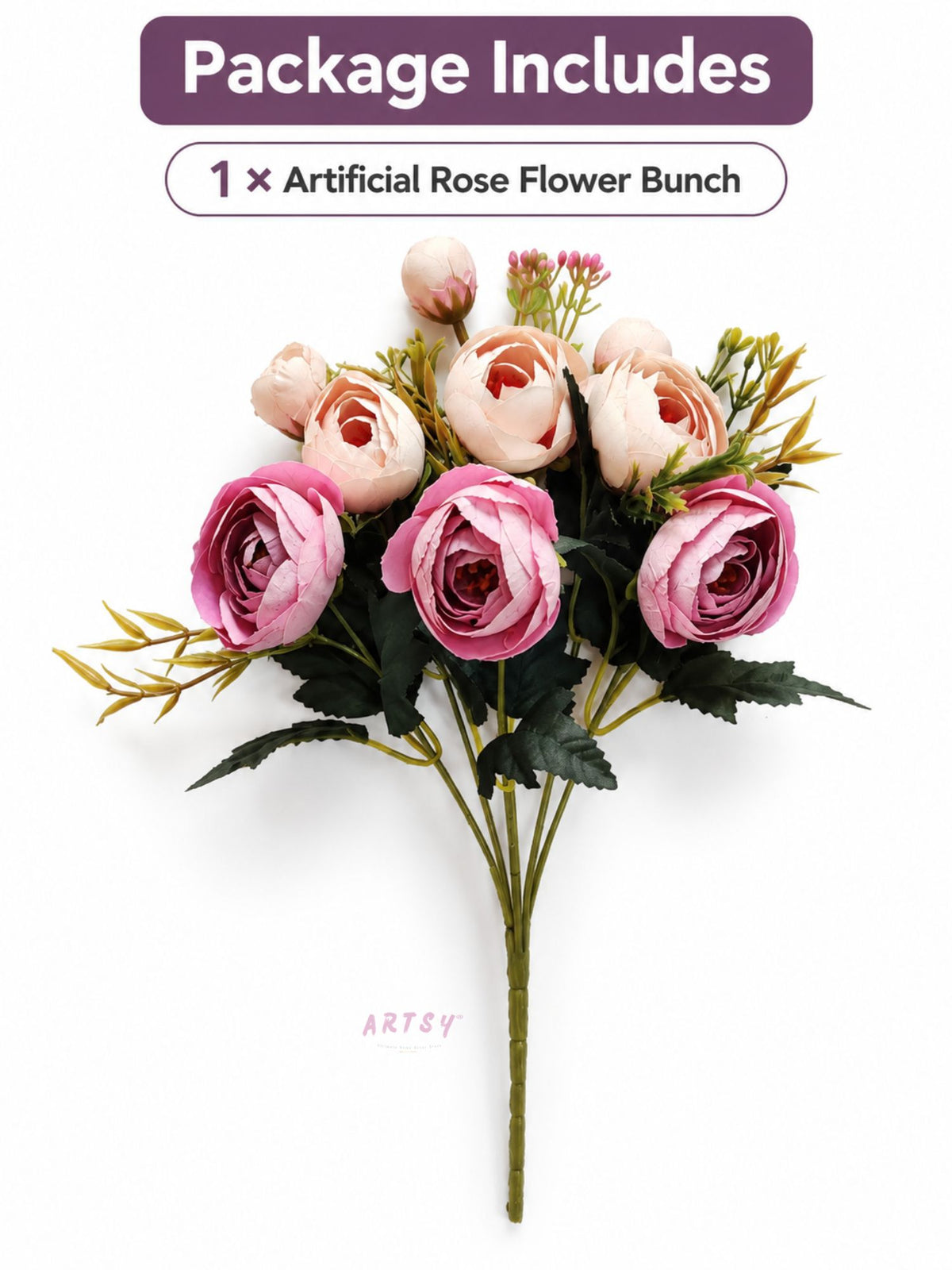 ARTSY Artificial Rose Flower Bunch – Realistic Pink & Peach Rose Bouquet, 1 Piece for Home Decor, Wedding & Gifting