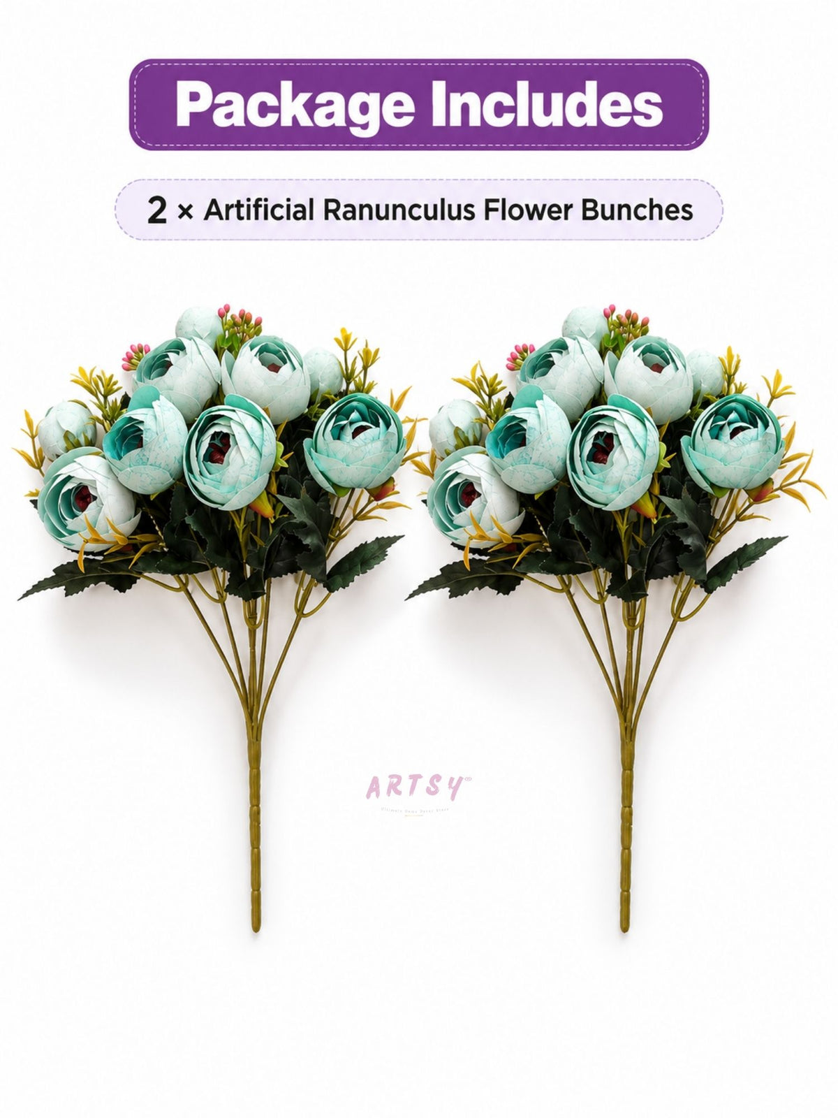 ARTSY Artificial Ranunculus Flower Bunches – Pack of 2, Aqua Green & White Faux Flowers for Home Décor, Wedding & Gifting