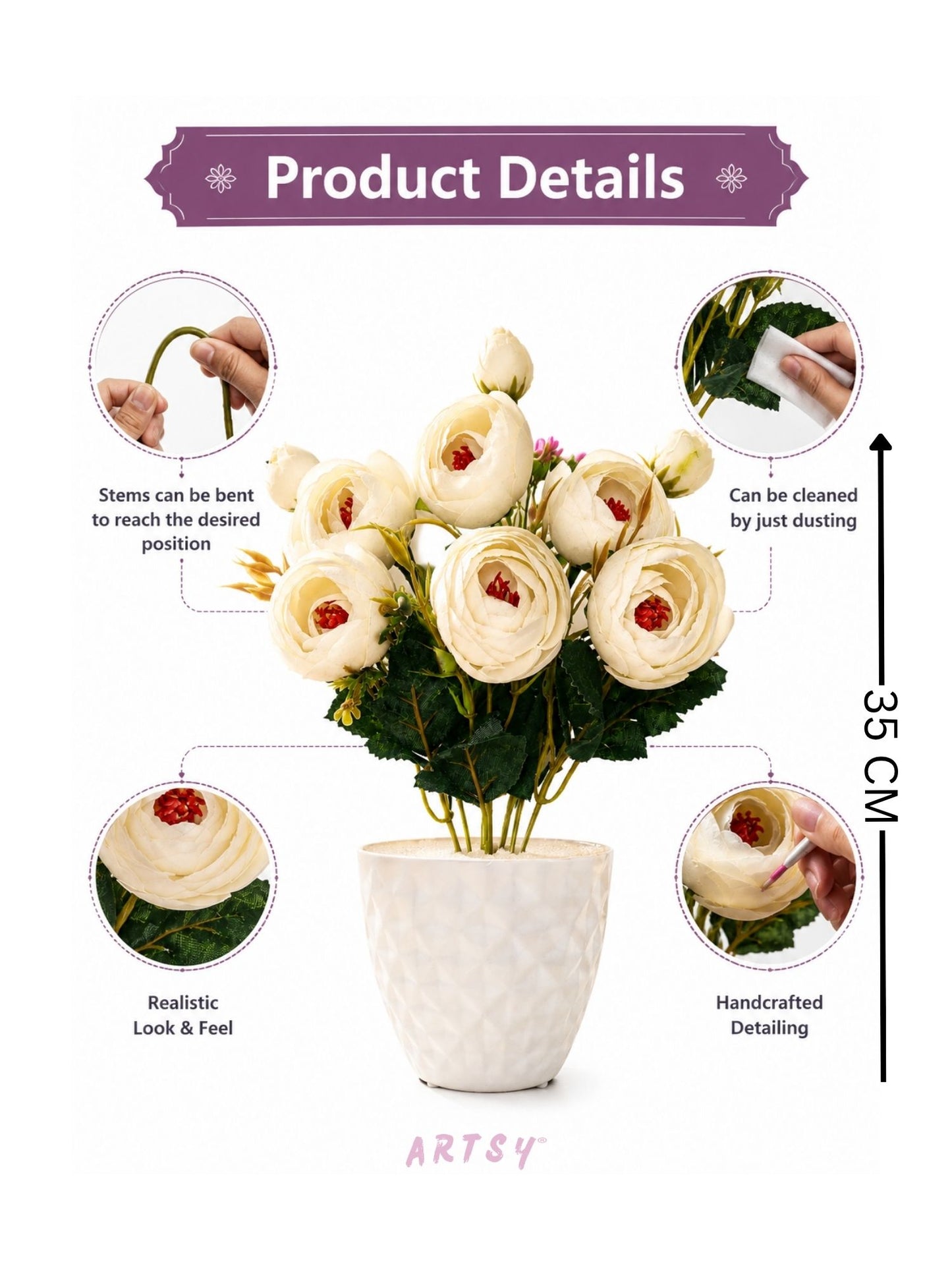 Luxury Ivory Peony Artificial Flower Pot for Home Decor | Premium Decorative Tabletop Floral Arrangement (Pack of 1)