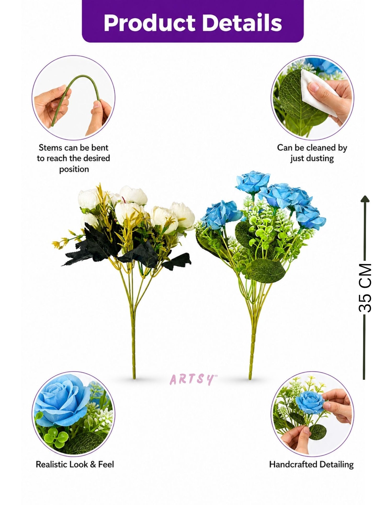 ARTSY Artificial Blue Rose & White Peony Flower Bunch Combo | Pack of 2 Fake Flowers for Home Decoration, Living Room, Office, Wedding & Table Decor
