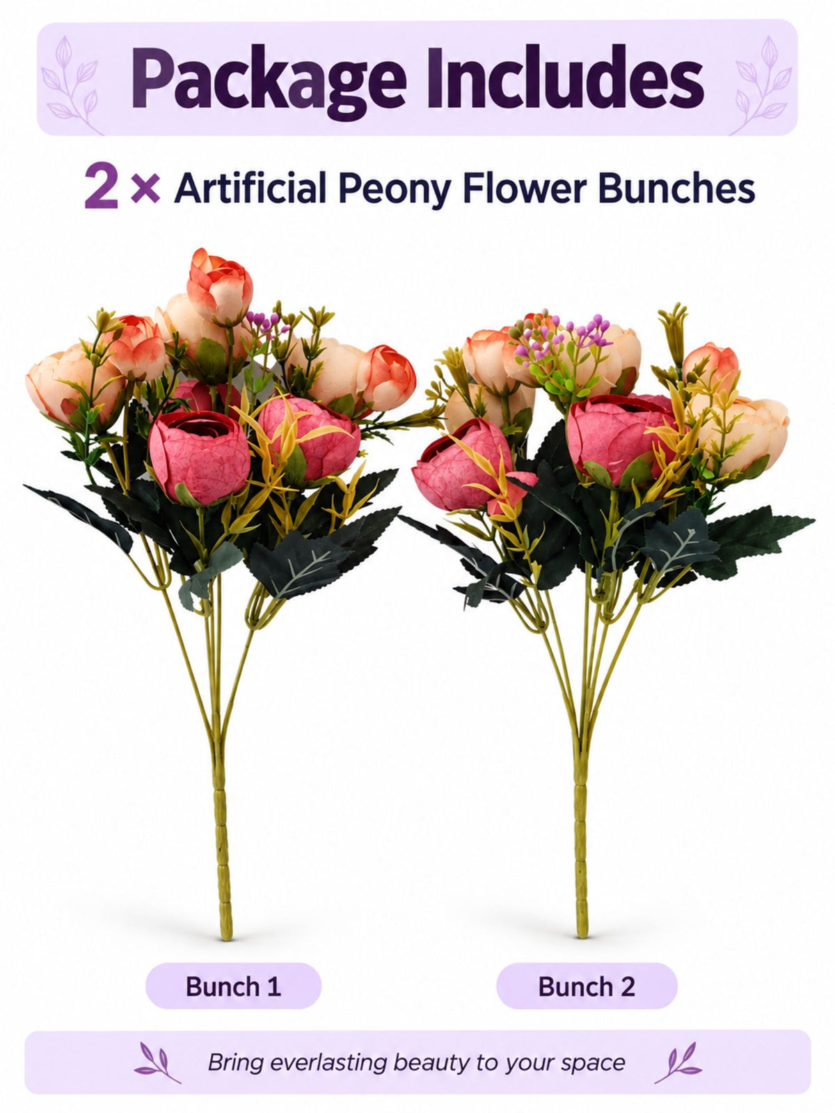 ARTSY Artificial Peony Flower Bunch – Pack of 2, Realistic Faux Flowers for Home Decor, Wedding, Festive Decoration & Gifting