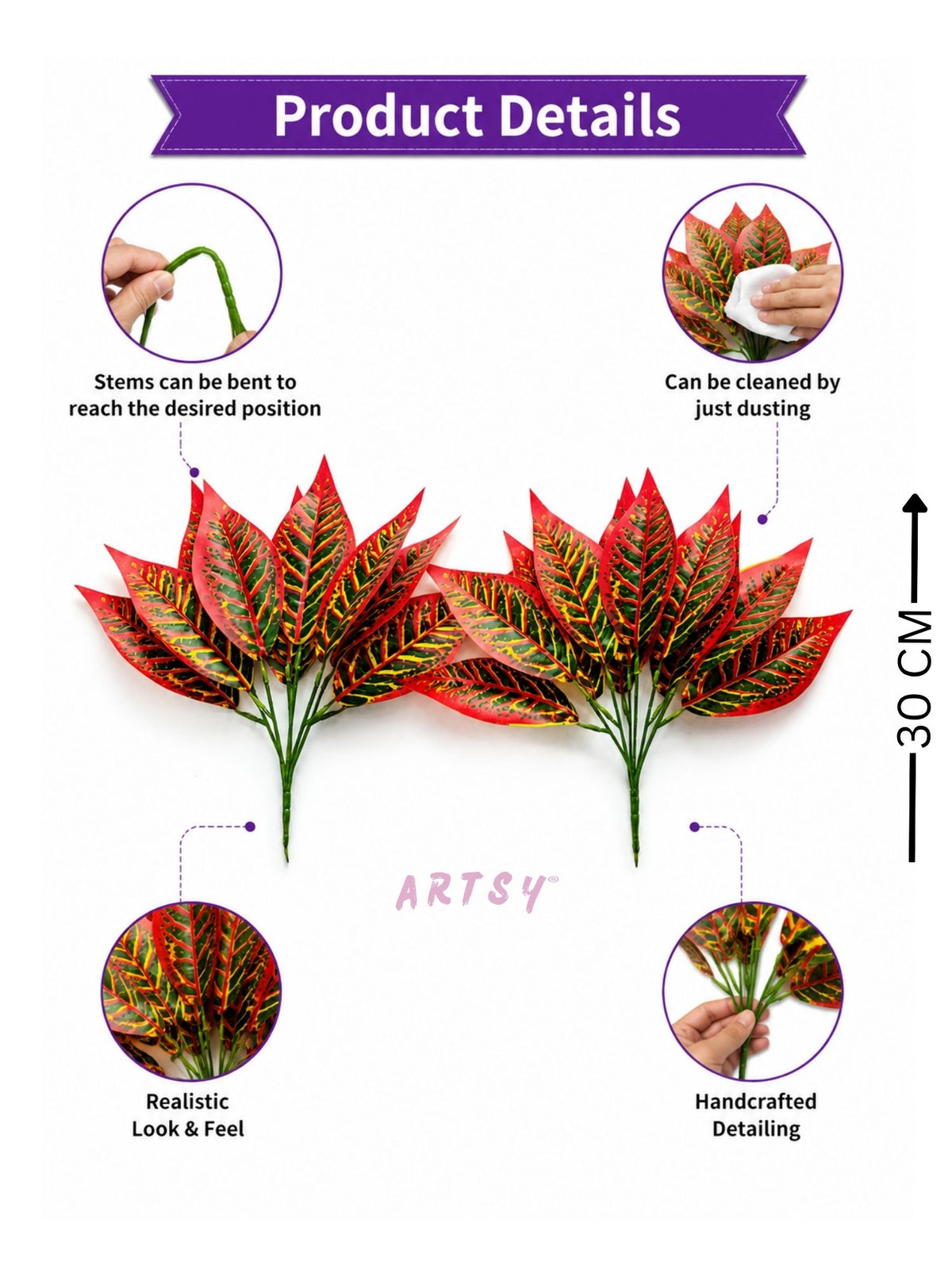 ARTSY Artificial Croton Leaf Stems Pack of 2 | Realistic Decorative Faux Foliage for Indoor Home Décor & Flower Arrangements