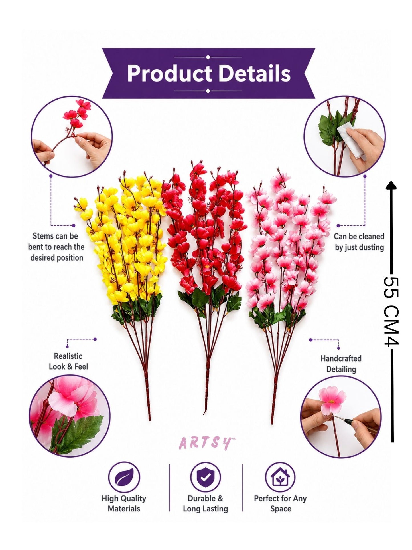 Artificial Blossom Flower Bunch Set of 3 for Home Decor | Premium Decorative Artificial Flowers