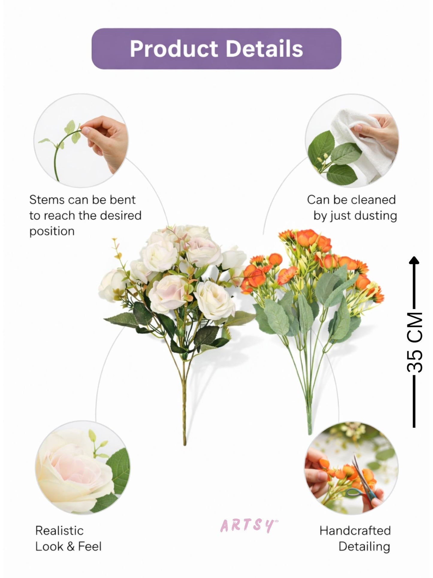 ARTSY Artificial Flower Bunch Pack of 2 | Realistic Faux Flowers for Home Decoration, Living Room, Office, Wedding & Vase Arrangements