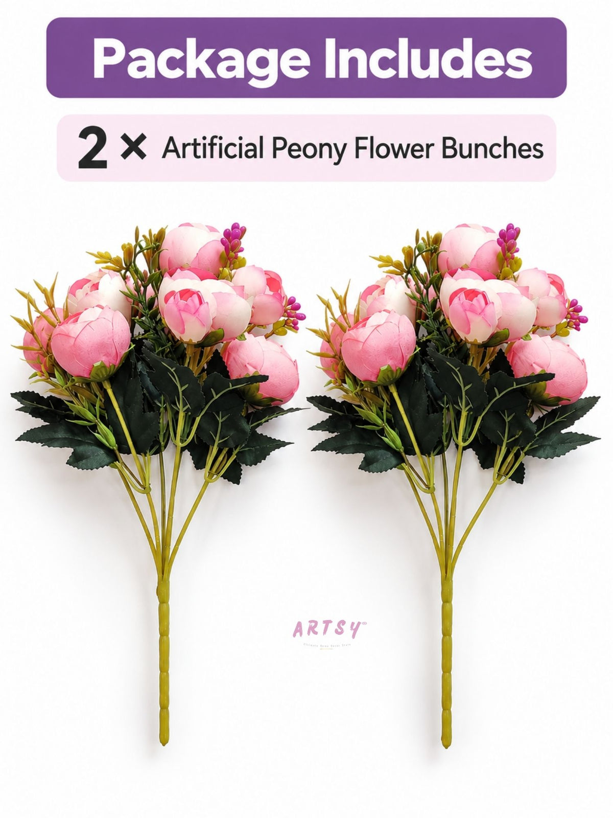 ARTSY Artificial Peony Flower Bunch – Pack of 2, Pink & White Faux Peony Flowers for Home Decor, Wedding, Gifting & Floral Arrangements