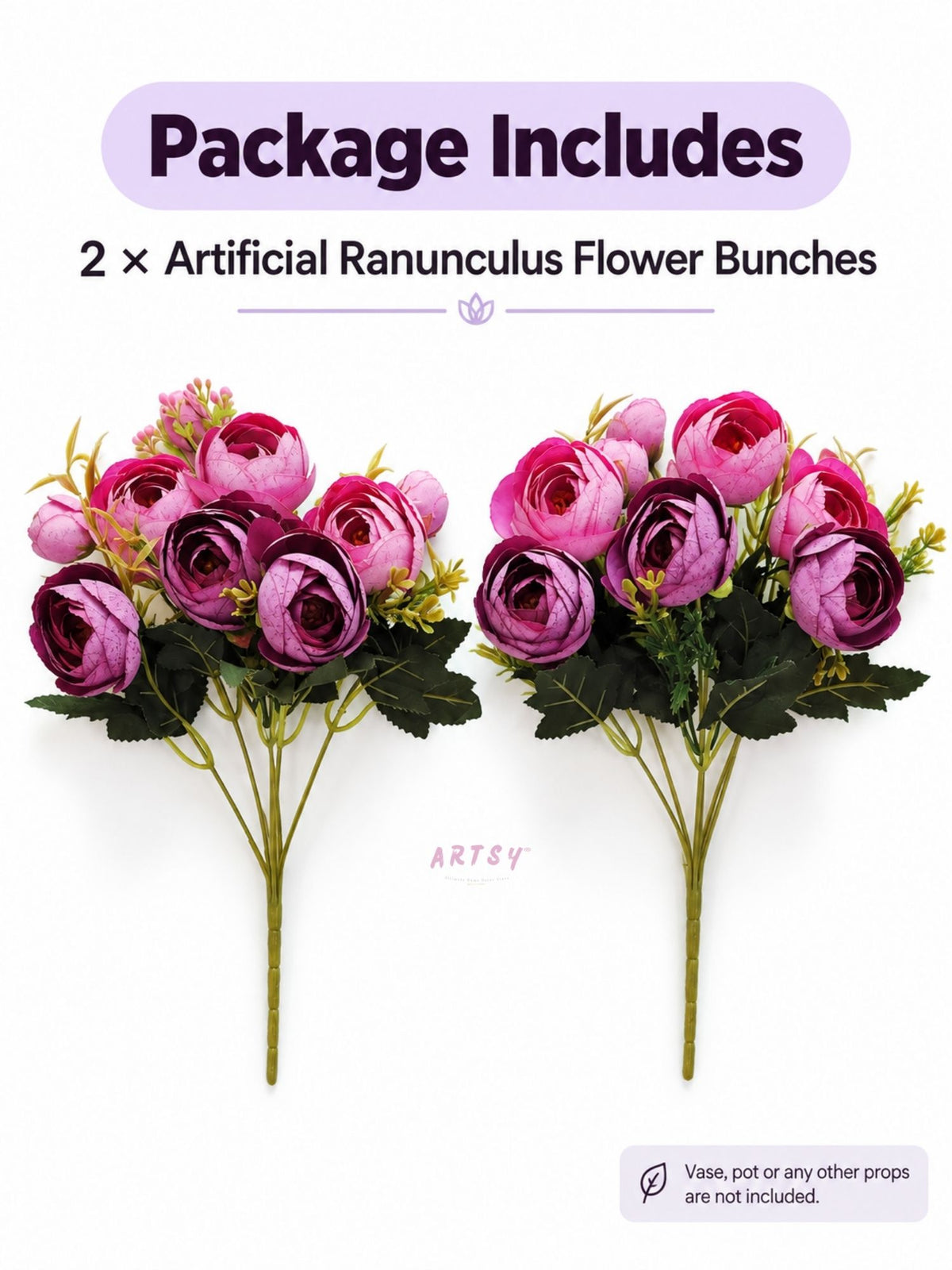 ARTSY Artificial Ranunculus Flower Bunches – Pack of 2, Realistic Faux Flowers for Home Décor, Wedding, Living Room & Gifting