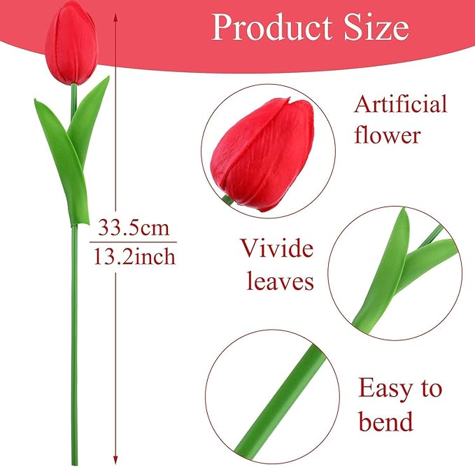 ARTSY® Artificial Tulip Flowers Bunch – Set of 5 Faux Flower Stems | Ideal for Living Room, Centerpiece, Gifting, craft, Real Touch Flower Bunch for Vase Decor, Home Styling, Events, Red