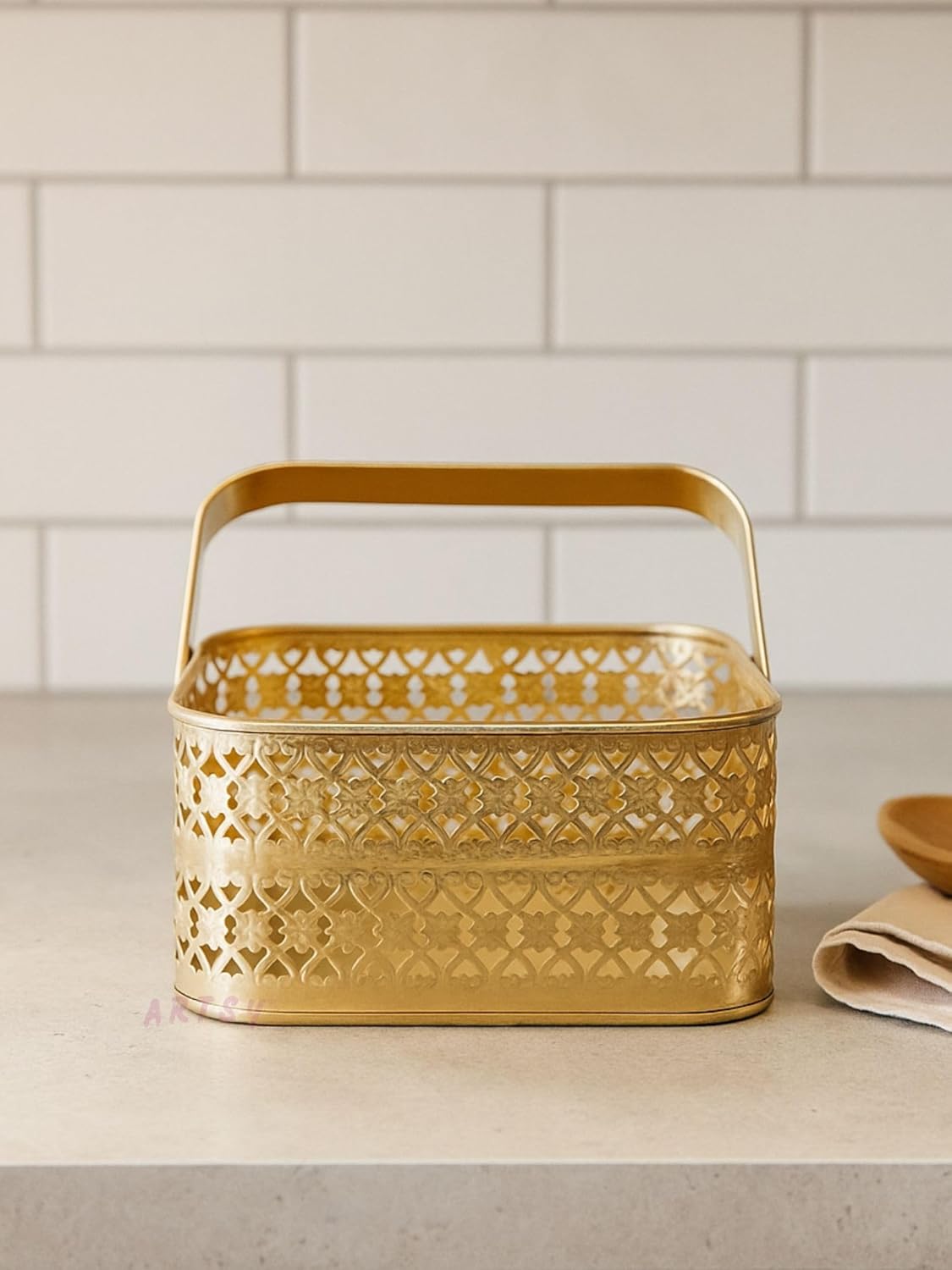 Artsy Golden Metal Decorative Basket with Foldable Handle