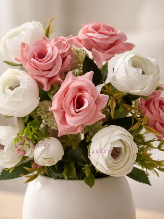 ARTSY Artificial Flower Bouquet (Set of 2) | Rose & Peony Flowers for Home Decor, Living Room, Bedroom, Office, Wedding & Table Decoration