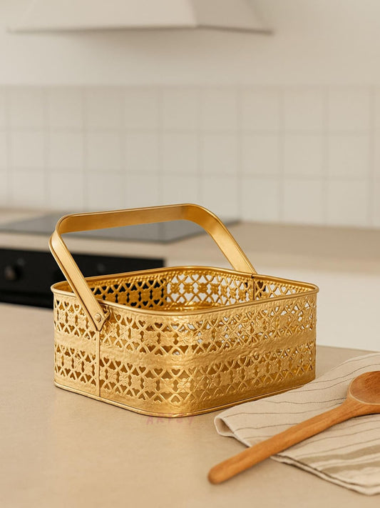Artsy Golden Metal Decorative Basket with Foldable Handle