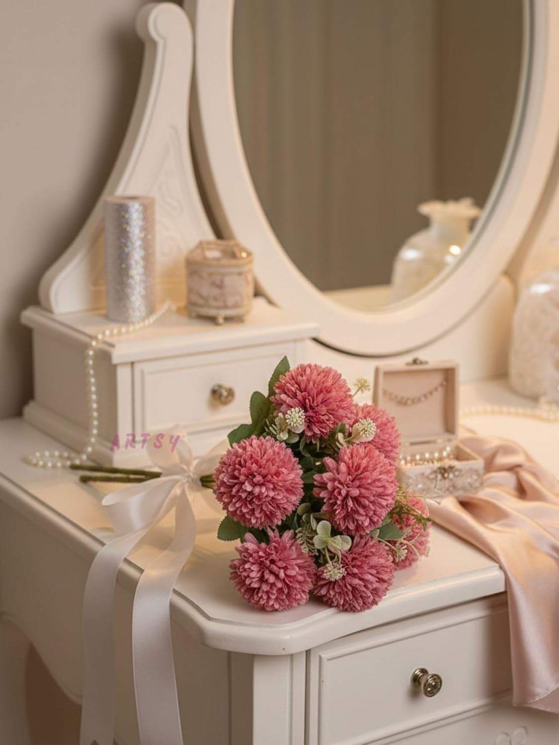 Artsy Artificial Dahlia Flower Bunch – 7-Head Baby Pink | Pack of 1