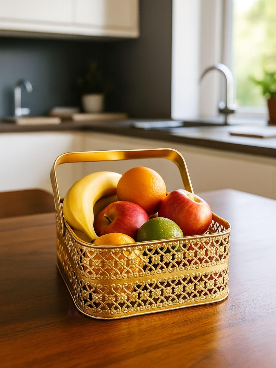 Artsy Golden Metal Decorative Basket with Foldable Handle
