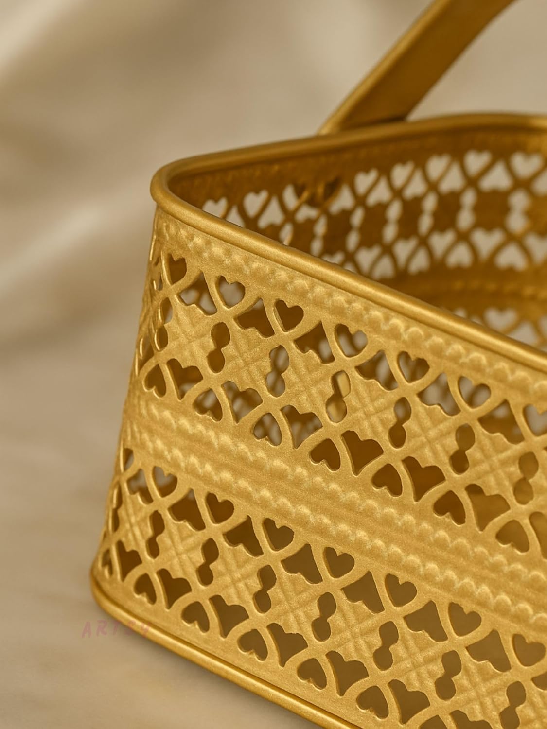 Artsy Golden Metal Decorative Basket with Foldable Handle