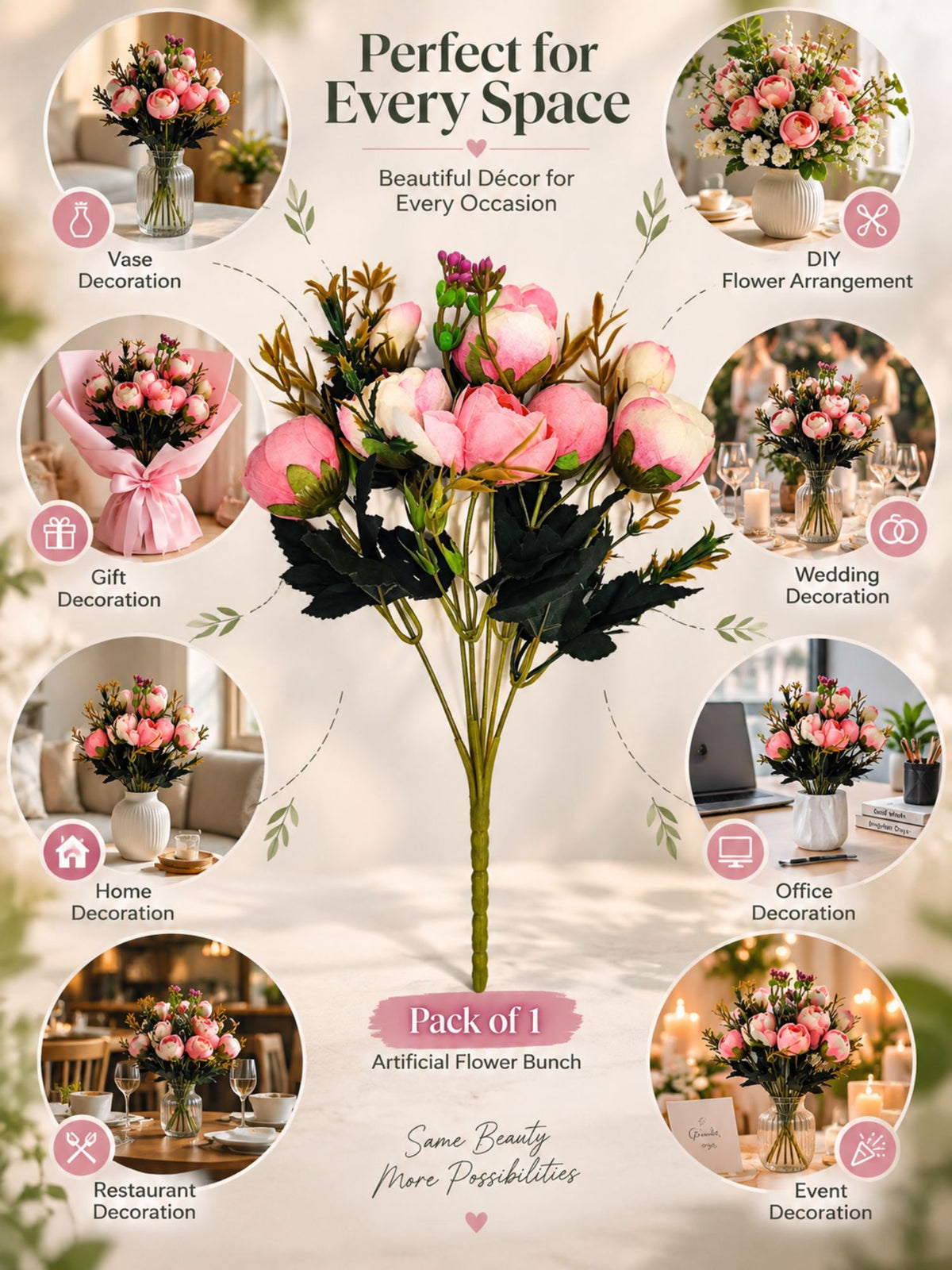 ARTSY Artificial Pink & White Flower Bunch for Home Decor