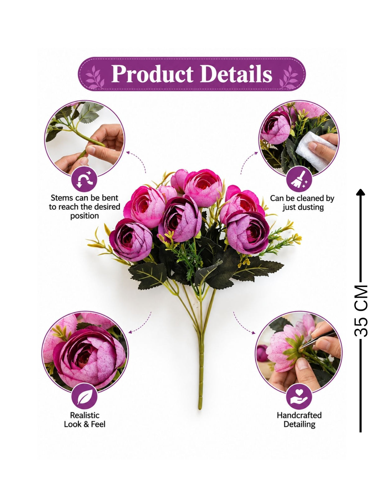 ARTSY Artificial Rose Flower Bunch – Pink & Purple Realistic Faux Flowers for Home Décor, Wedding & Gifting