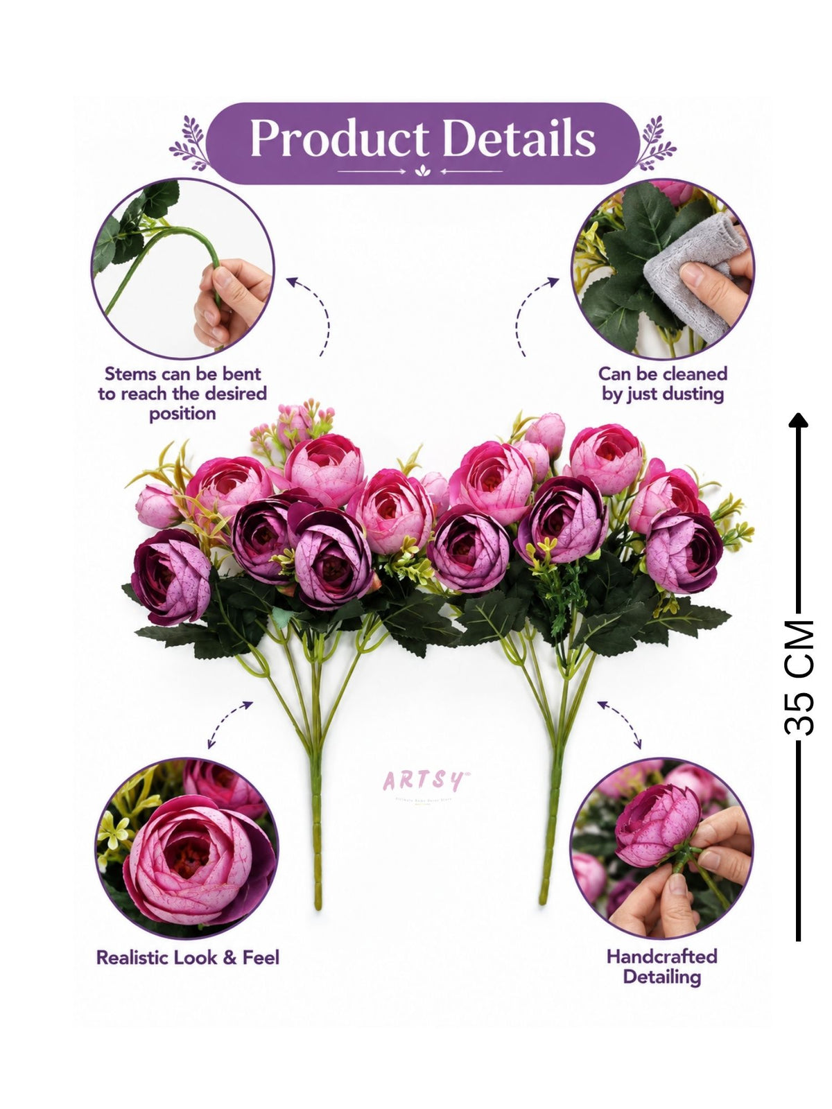 ARTSY Artificial Ranunculus Flower Bunches – Pack of 2, Realistic Faux Flowers for Home Décor, Wedding, Living Room & Gifting