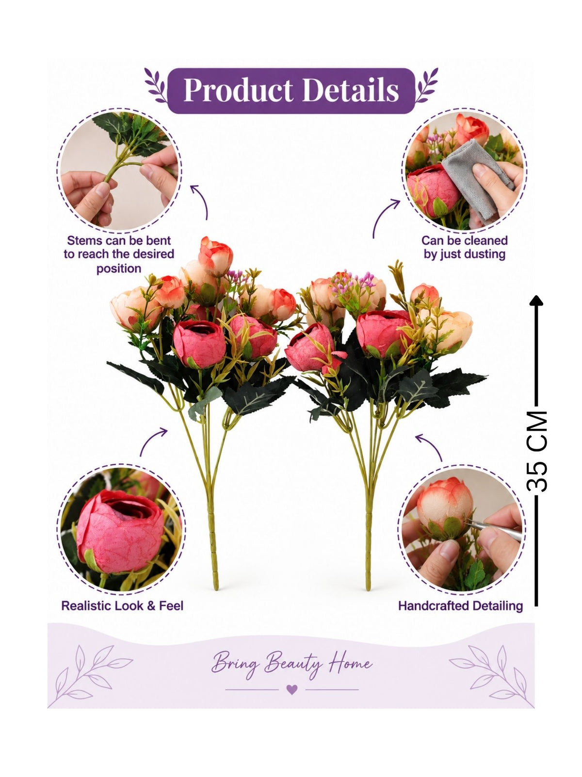 ARTSY Artificial Peony Flower Bunch – Pack of 2, Realistic Faux Flowers for Home Decor, Wedding, Festive Decoration & Gifting