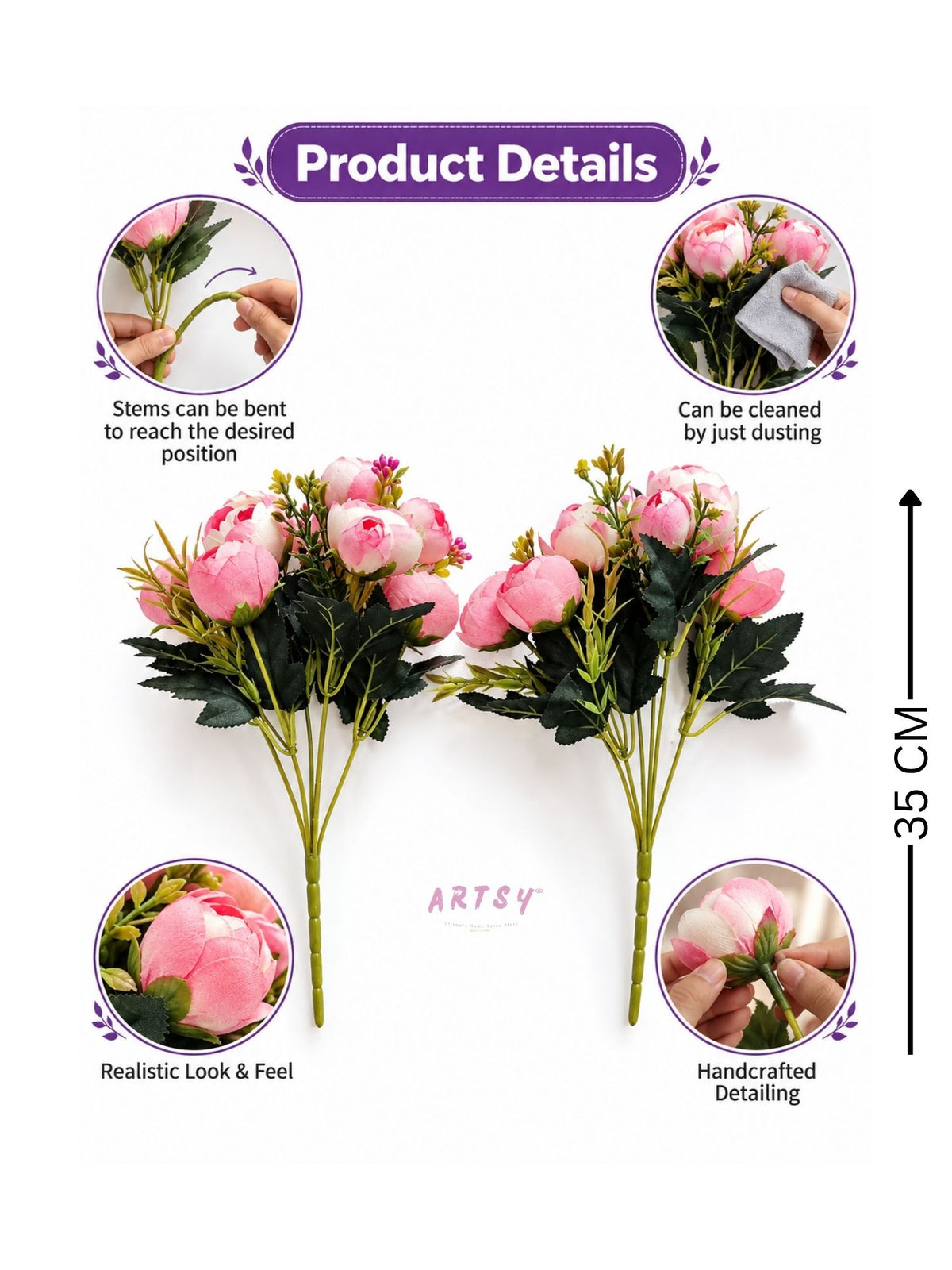 ARTSY Artificial Peony Flower Bunch – Pack of 2, Pink & White Faux Peony Flowers for Home Decor, Wedding, Gifting & Floral Arrangements