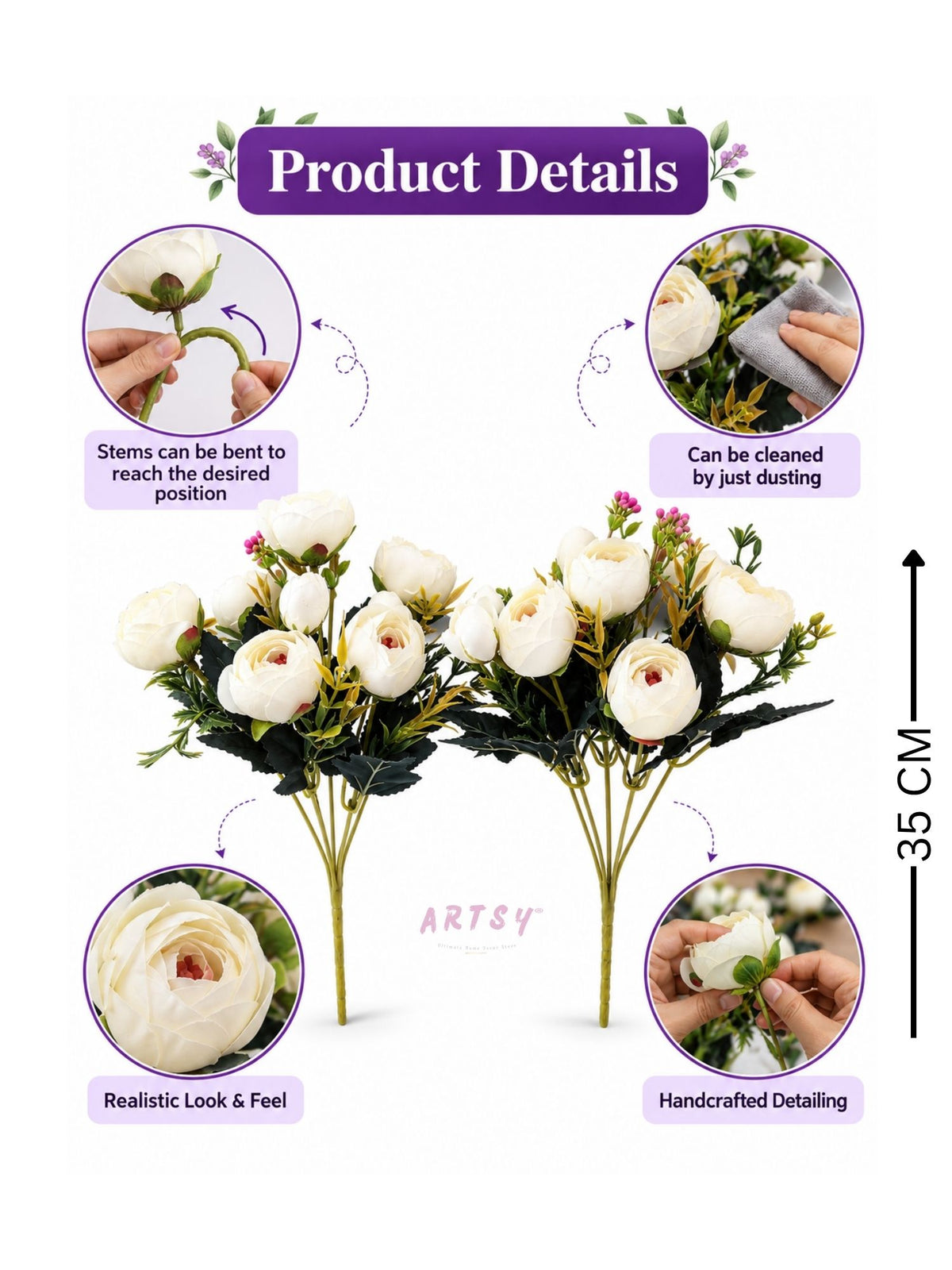 ARTSY Artificial Peony Flower Bunch – Pack of 2, Realistic Faux Flowers for Home Décor & Gifting