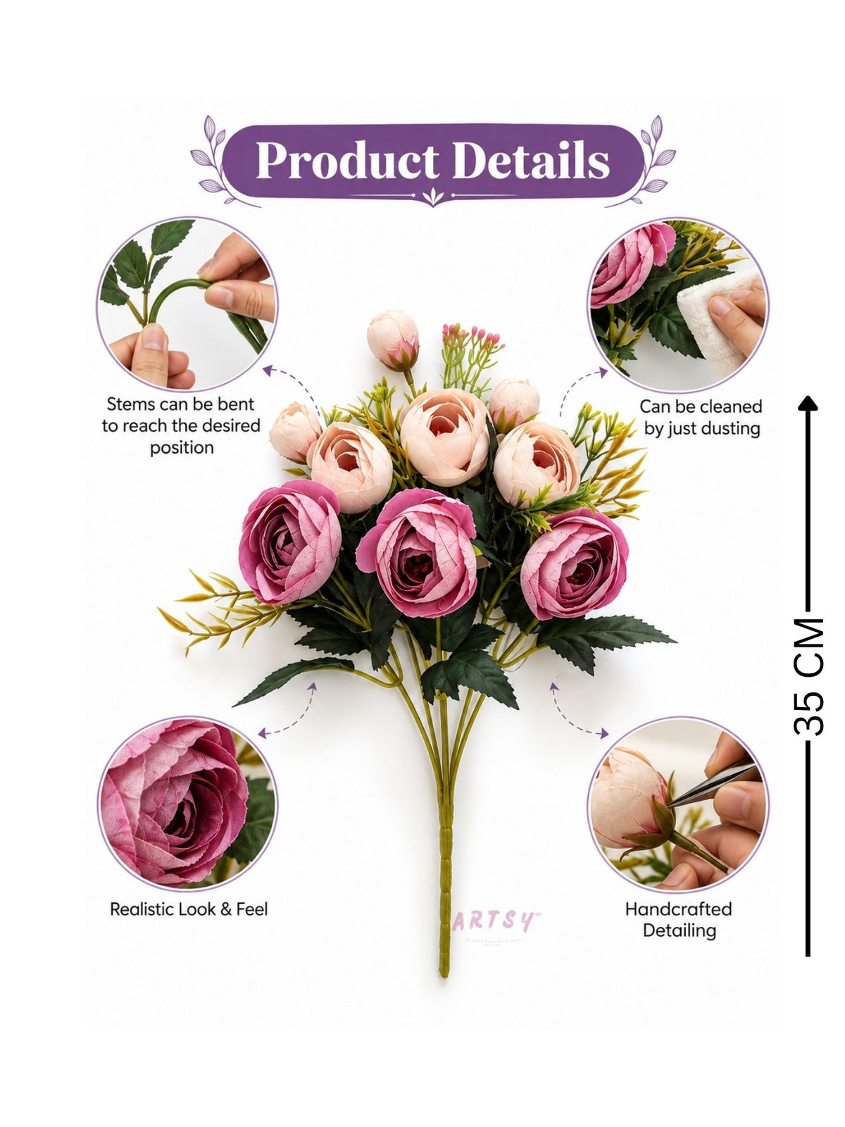 ARTSY Artificial Rose Flower Bunch – Realistic Pink & Peach Rose Bouquet, 1 Piece for Home Decor, Wedding & Gifting