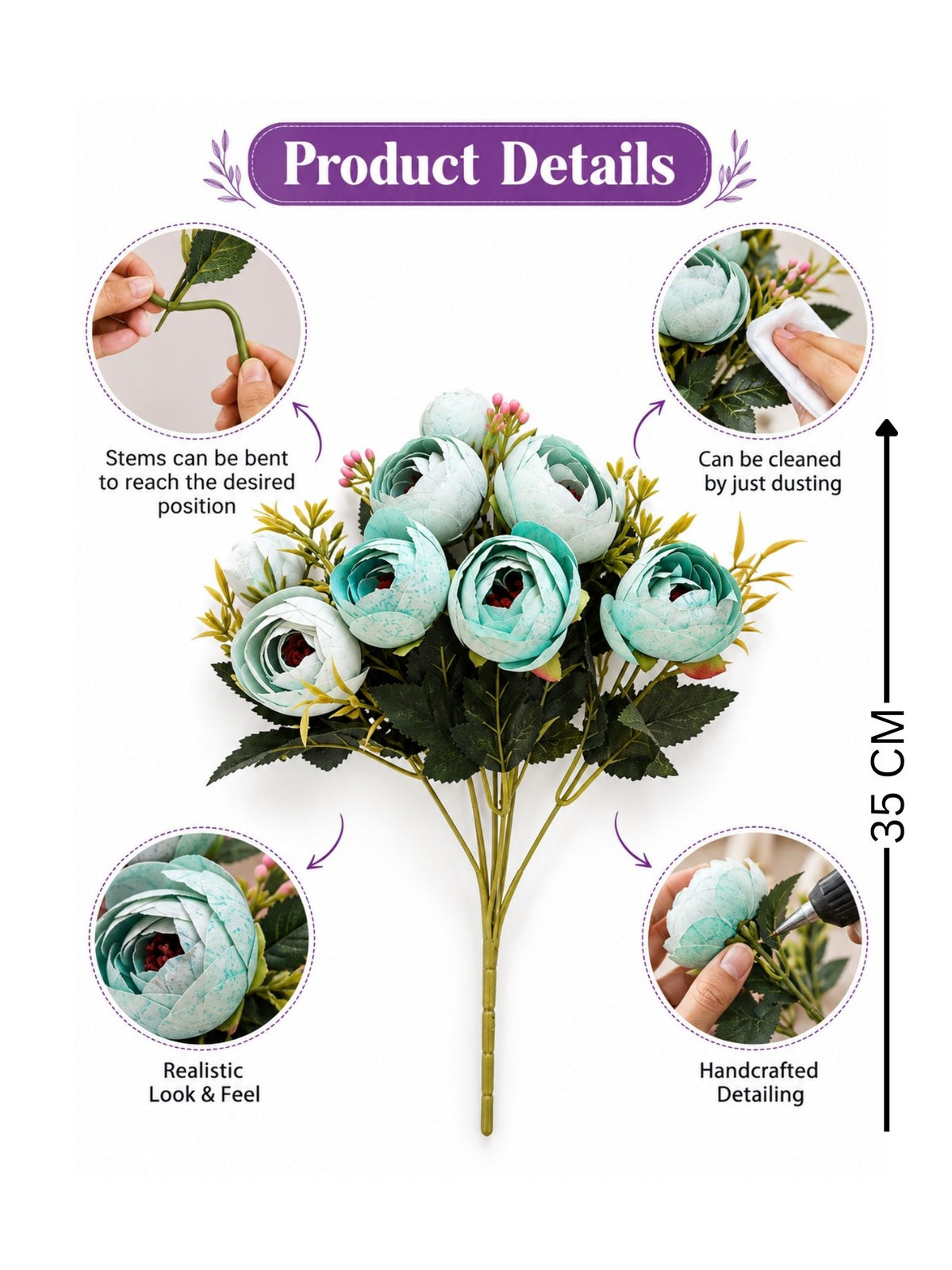 ARTSY Artificial Ranunculus Flower Bunch – White & Turquoise, 1 Pc