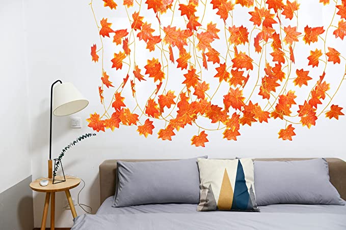 ARTSY® Artificial hanging flowers for wall decoration, artificial plants for home decor, maple plant leaves for decoration, office decor, craft, gifting, pack of 5 pieces, 7 feet long each, orange