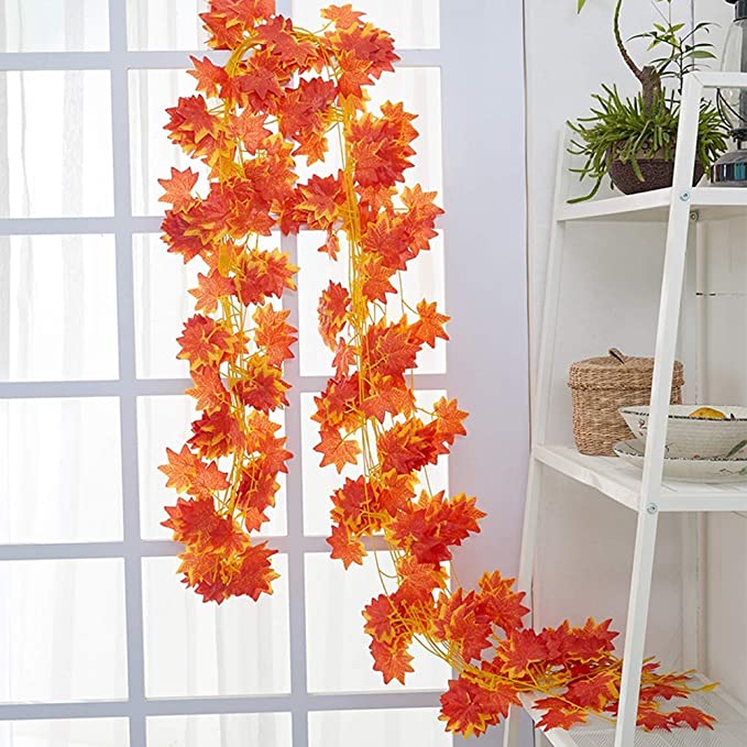 ARTSY® Artificial hanging flowers for wall decoration, artificial plants for home decor, maple plant leaves for decoration, office decor, craft, gifting, pack of 3 pieces, 7 feet long each, orange