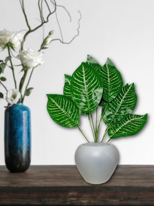 Artificial plants for home decor, big size plant leaves bunch with pot for home/office decor, gift, craft, artificial flowers, 40 cm height, pack of 1 piece, Green white